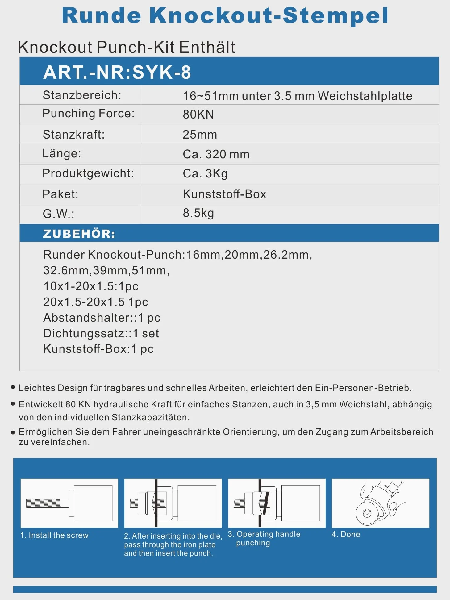 AMZCNC Set di punzonatrici idrauliche per fori Knockout, 8 t, con 6 fustelle, 16 mm, 20 mm, 26,2 mm, 32,6 mm, 39 mm, 51 mm, perforatrice idraulica