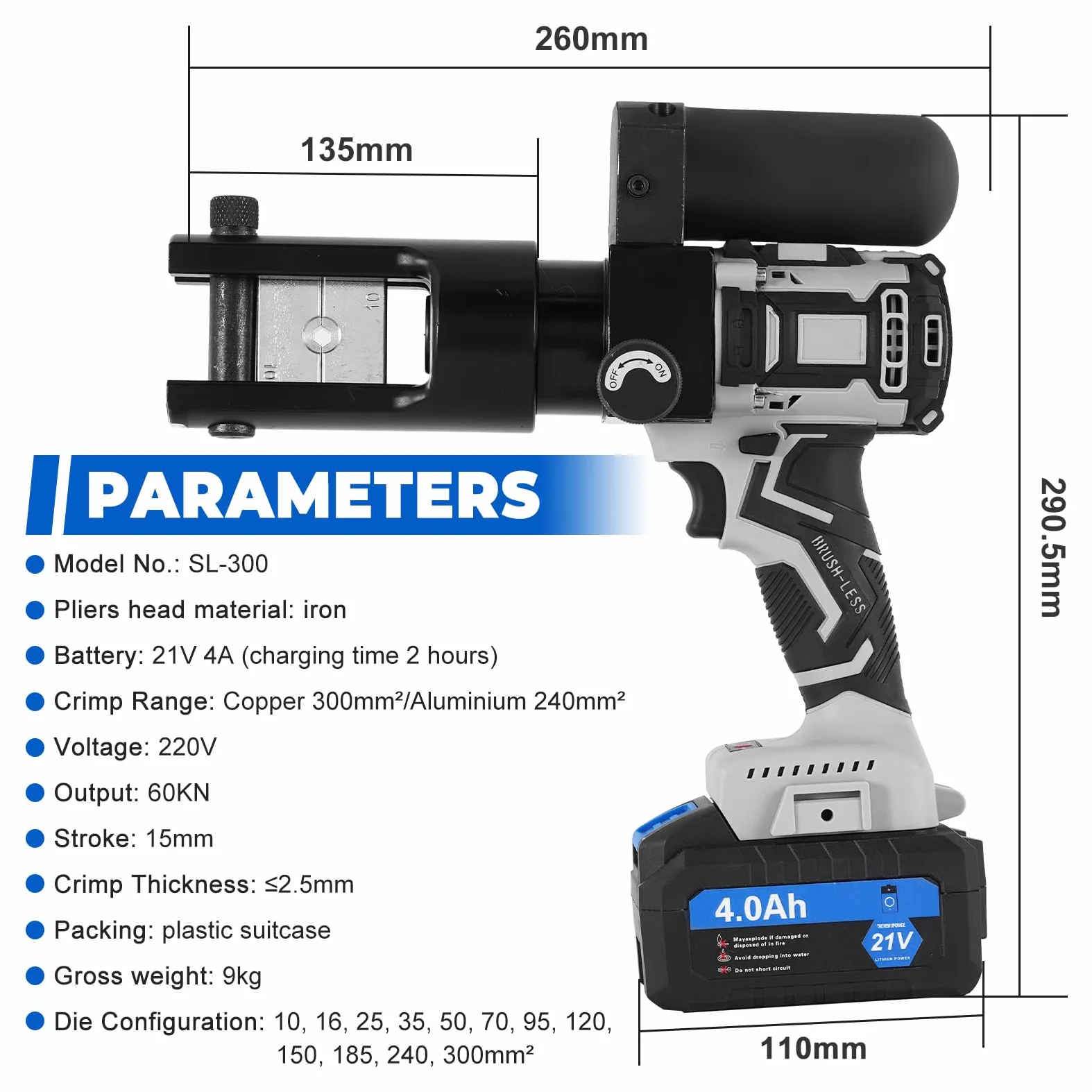 MXBAOHENG 10-300 MM² Pinza crimpatrice idraulica ricaricabile da 60 KN con 2 batterias 21 V 4 A Pinza per capicorda idraulica elettrica con 12 inserti di pressione per contatti in rame e alluminio