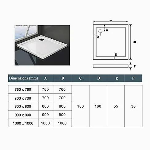 Piatto Doccia Quadtato In Marmo Minerale e Resina Mista Ultra Sottile Bianco Lucido Antiscivolo Antibatterico 70x70x3cm