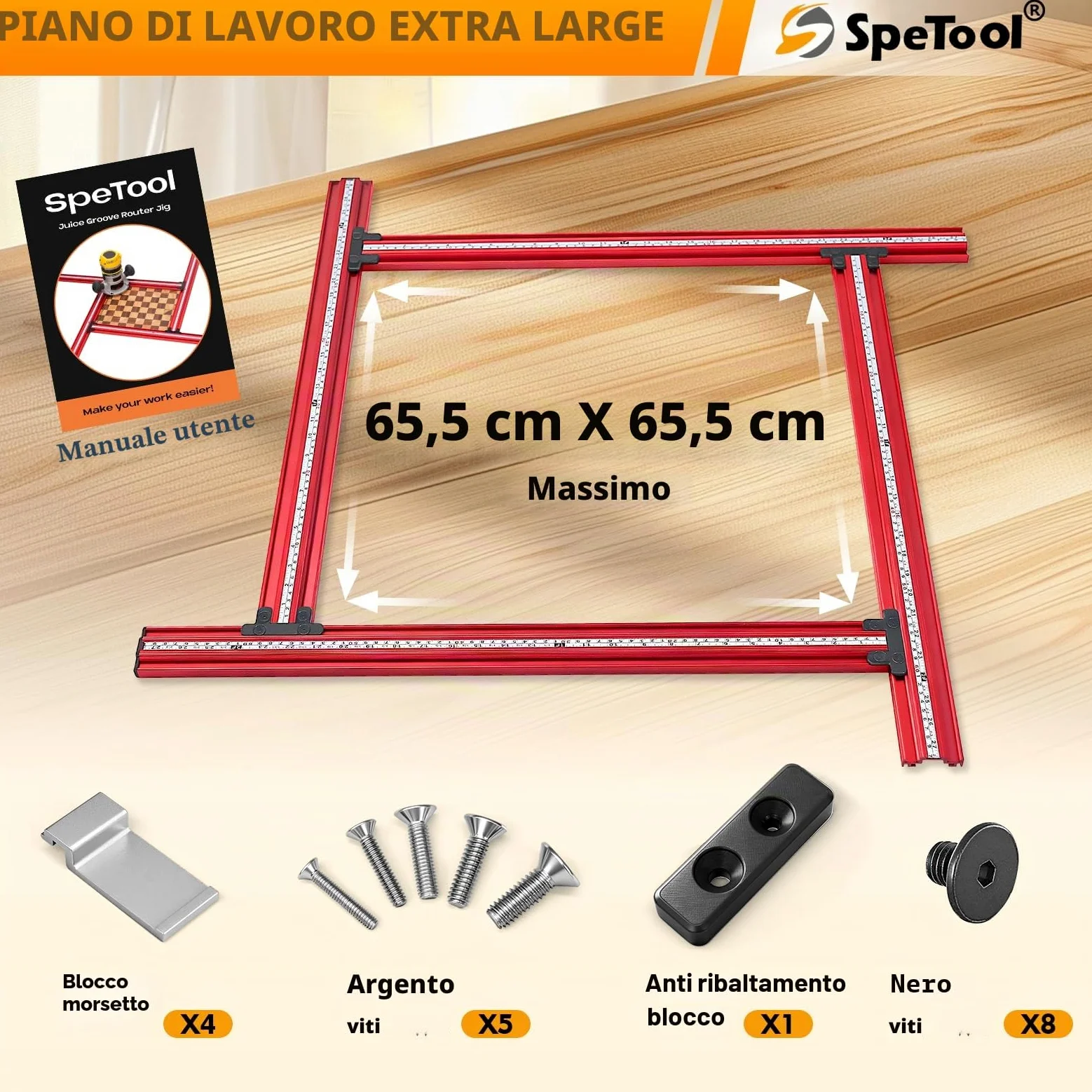 SpeTool Stencil di Fresatura Regolabile per Piani di Lavoro 650 mm x 650 mm - Router Jig per Lavorazione del Legno - Crea Fessure Rettangolari e Quadrate