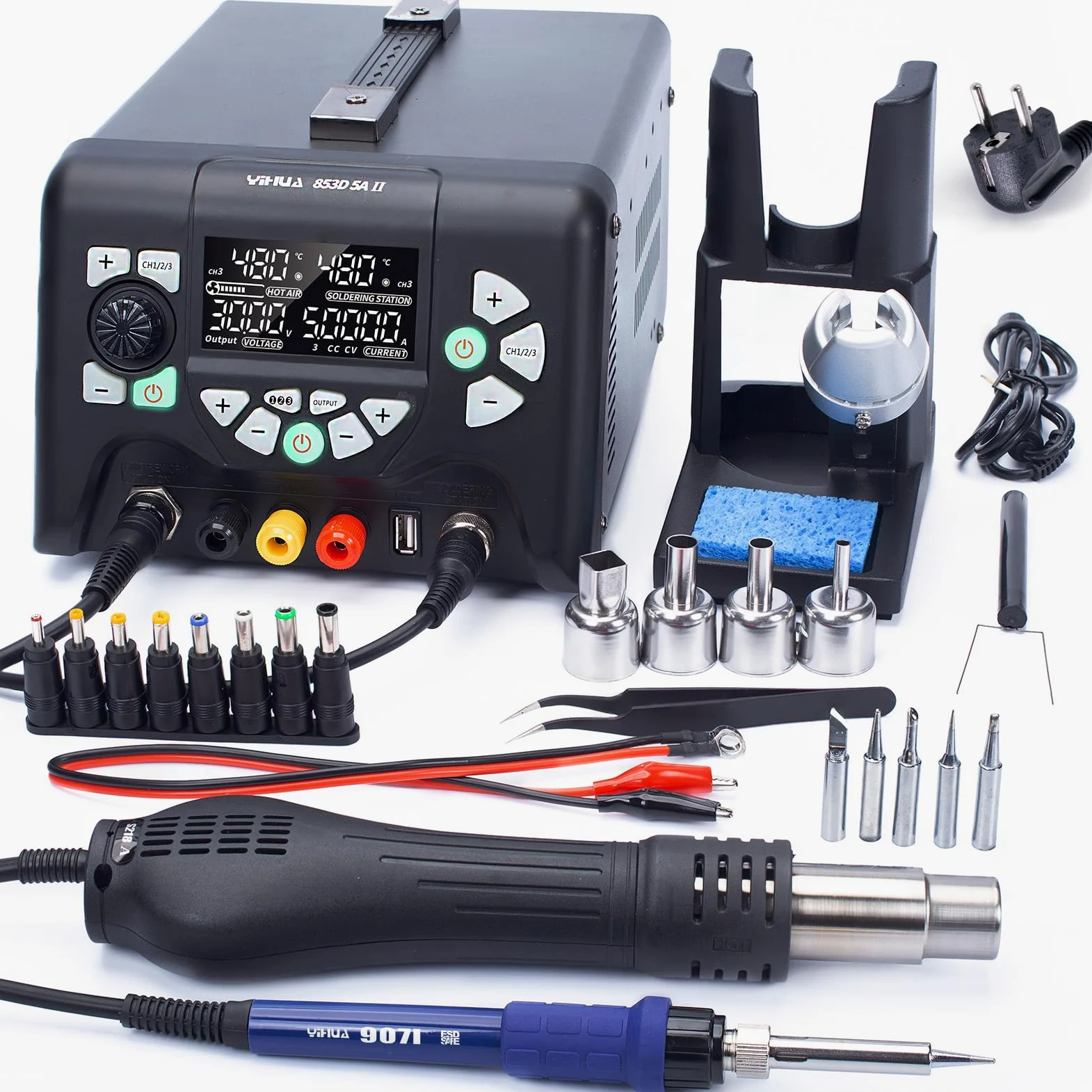 YIHUA 853D 5A-II Professionale Stazione Saldatore Saldante Aria Calda Alimentatore da Banco 3-IN-1 0-30.00V 0-5.0000A regolabile con 21 accessori(EU PLUG)