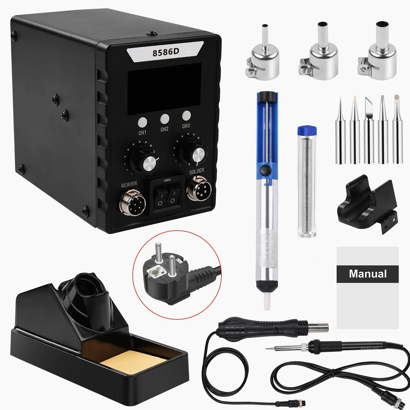 8586D Stazione Saldante, 2 In 1 da 760W Set Stazione di Saldatura, per saldatura e dissaldante SMD con schermo LCD, temperatura regolabile 180 ℃-500 ℃ con 3 ugelli aria per Riparazioni di Elettronica