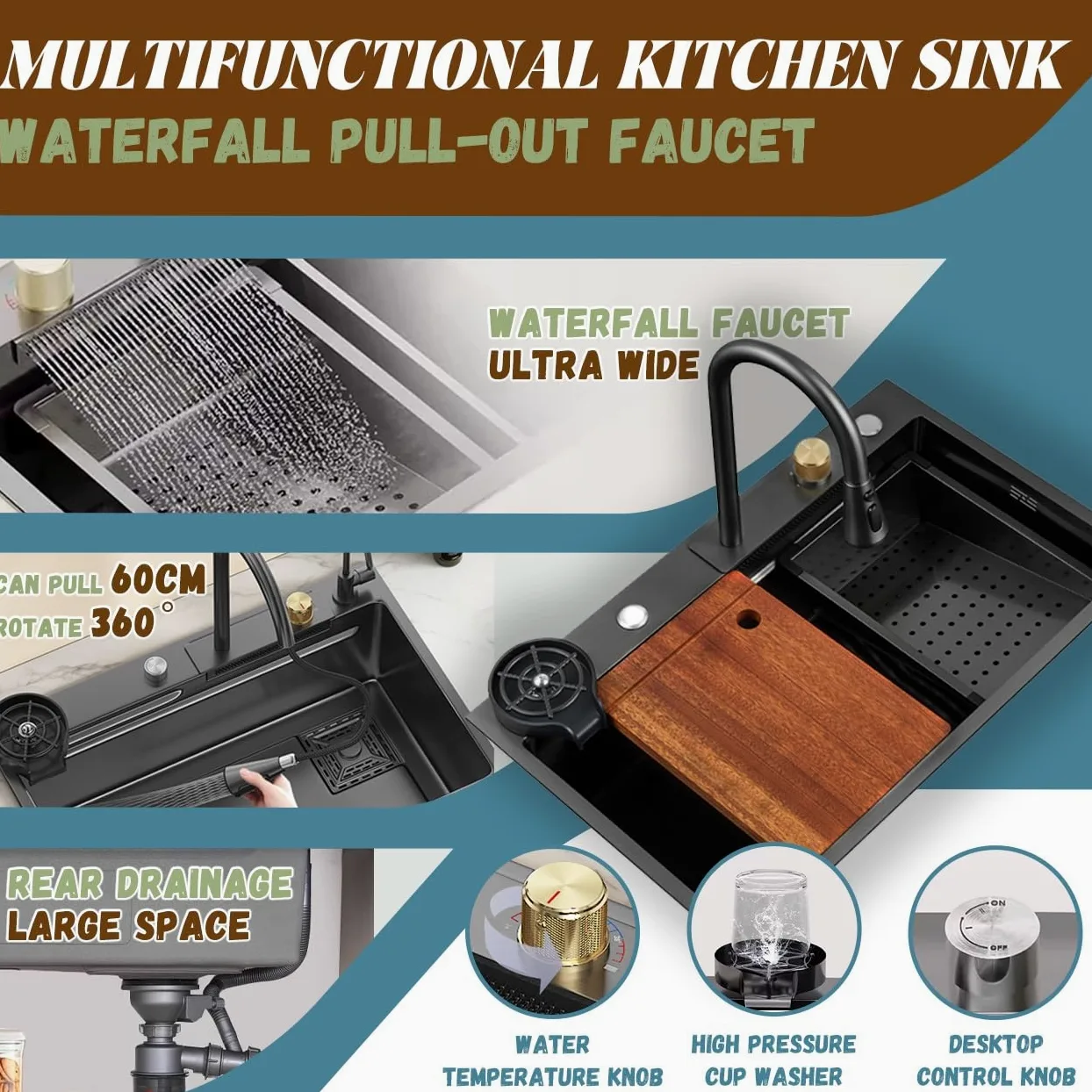 Lavello da cucina nero in acciaio inox - Stazione di lavoro multifunzione con rubinetto a cascata estraibile, lavastoviglie ad alta pressione, tagliere, sifone