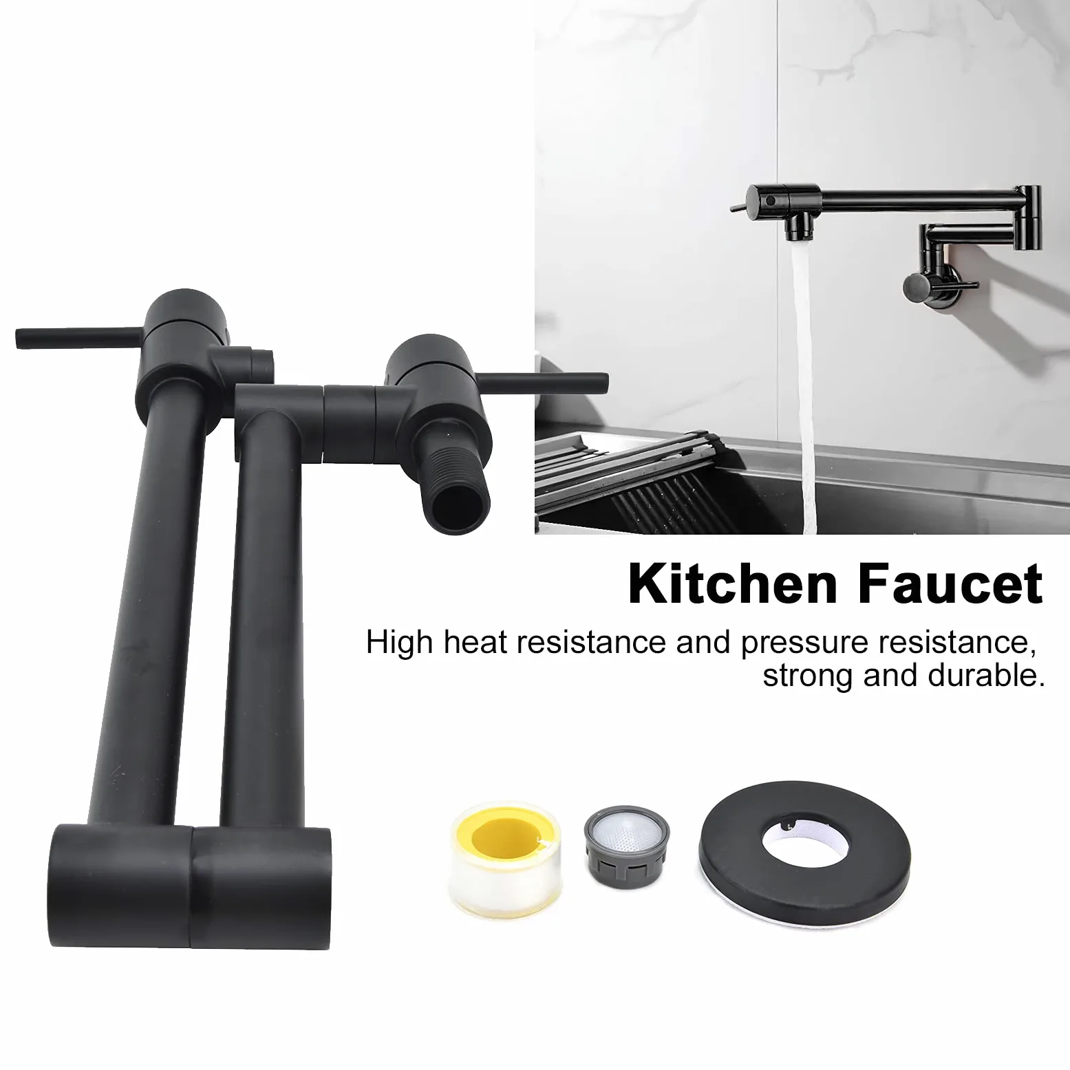 Rubinetto per riempimento pentole Nero, Rubinetto per fornelli da cucina con montaggio a parete, Rubinetto per lavello commerciale in ottone, Braccio pieghevole oscillante, Foro singolo estensibile a