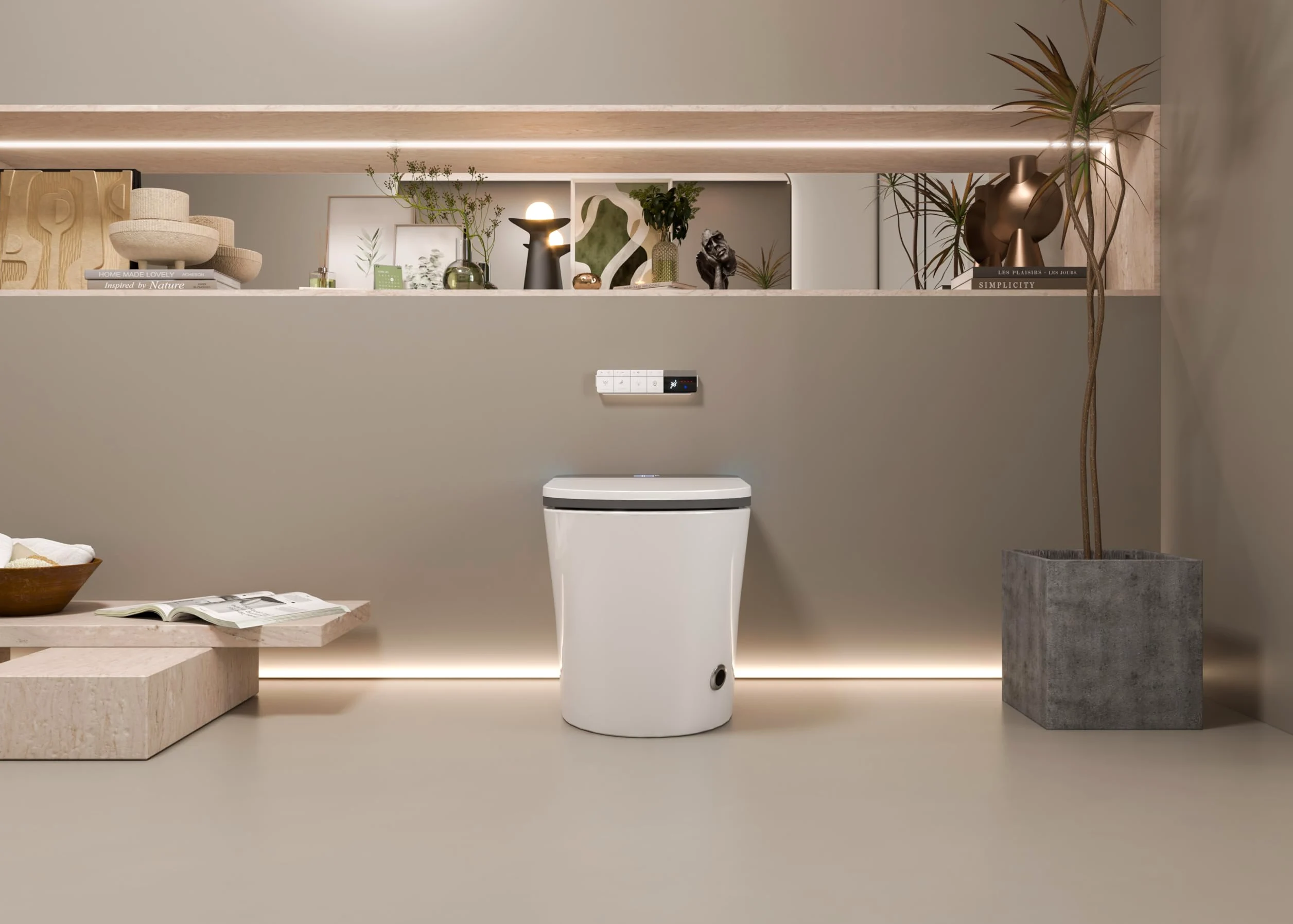 Lussuoso WC allungato con bidet intelligente, doppio risciacquo, apertura e chiusura automatica, sedile riscaldato, scarico a parete, bianco