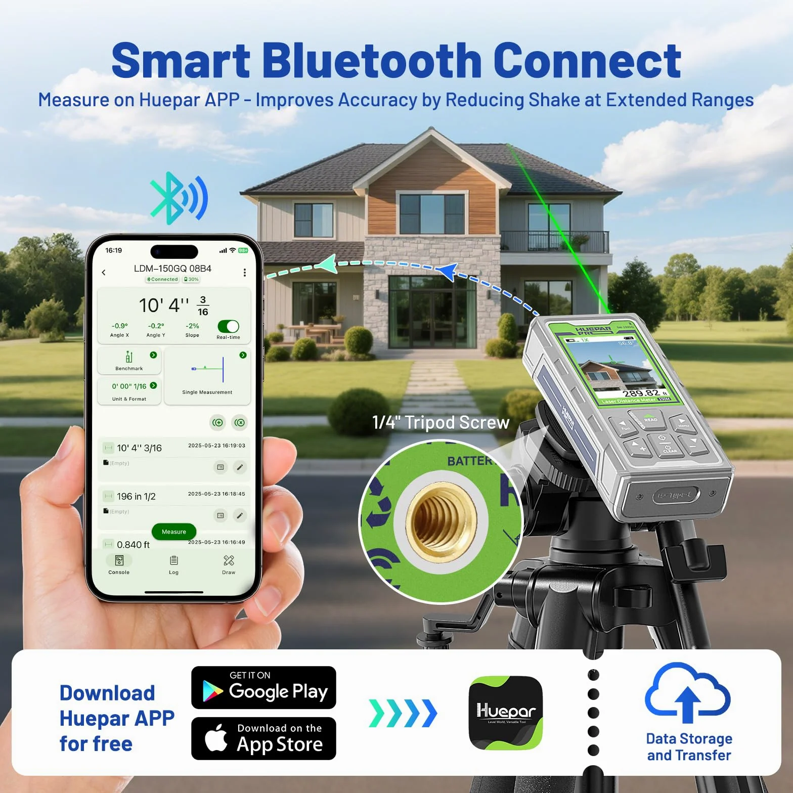 Huepar Pro Metro Laser Professionale Outdoor 150m con Fotocamera e Bluetooth, Tecnologia P2P, App Gratuita, IP68, Cavo Micro USB, Cinturino da Polso e Custodia - SW-150GQ
