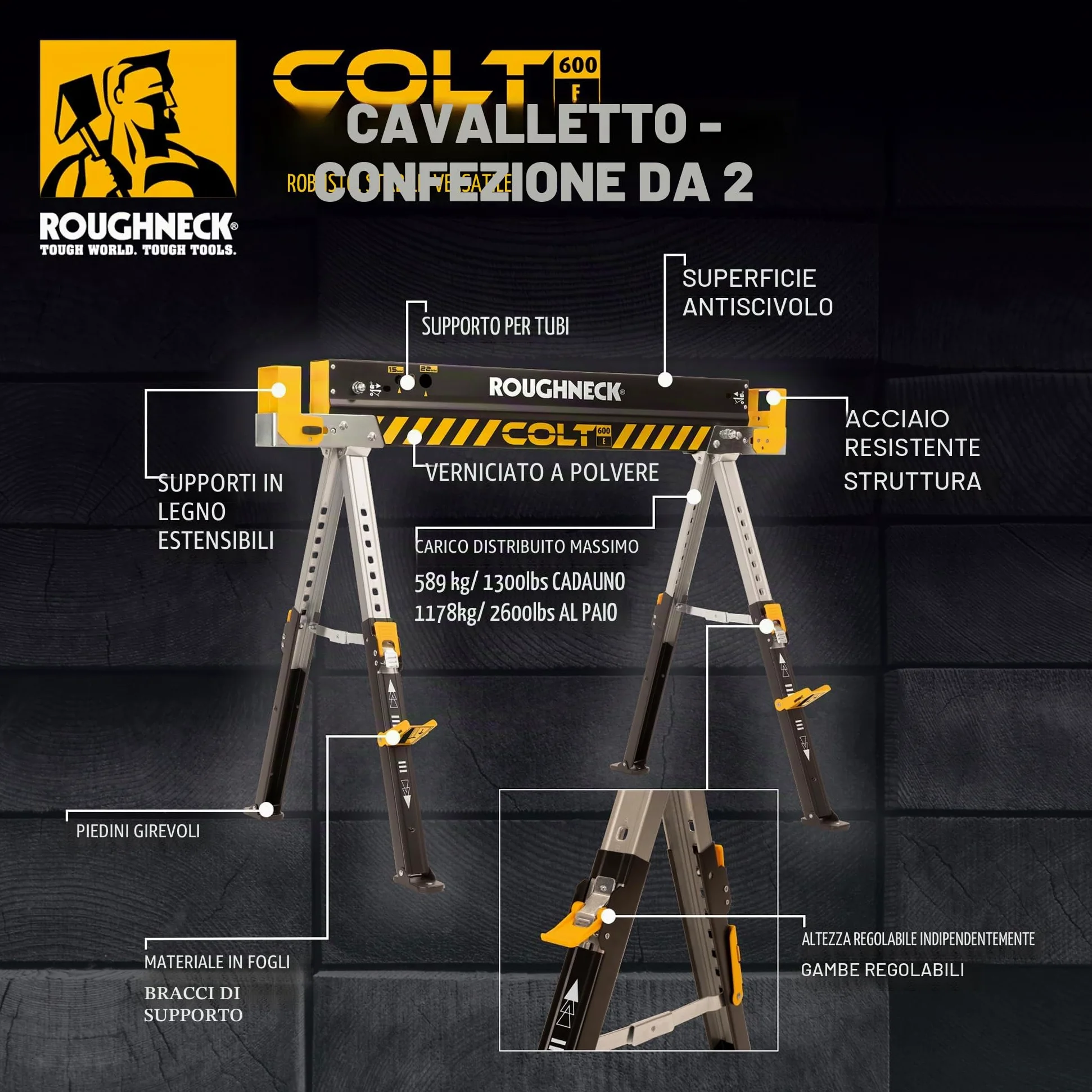 ROUGHNECK® COLT 600E Sawhorse, Heavy Duty Steel Construction, Weight-Baring Capacity 589kg each, 1178kg Per Pair with Height Adjustable Legs for Woodworking & Construction – 2 Pack