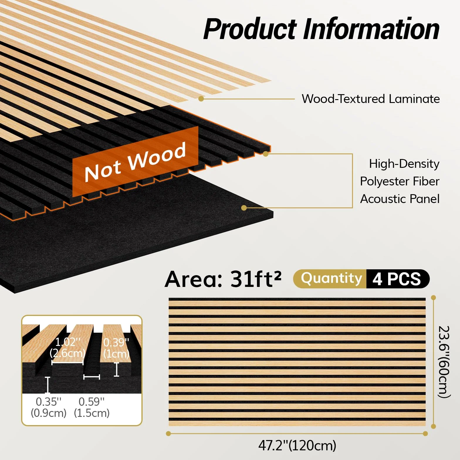 TONOR set di 4 Pannelli Fonoassorbenti in Legno Impiallacciato, 120x60x1,9 cm, Piastrella da Parete Autoadesiva, Pannello Acustico Decorativo 3D, Pannelli Acustici per Soggiorno, Ufficio, Quercia