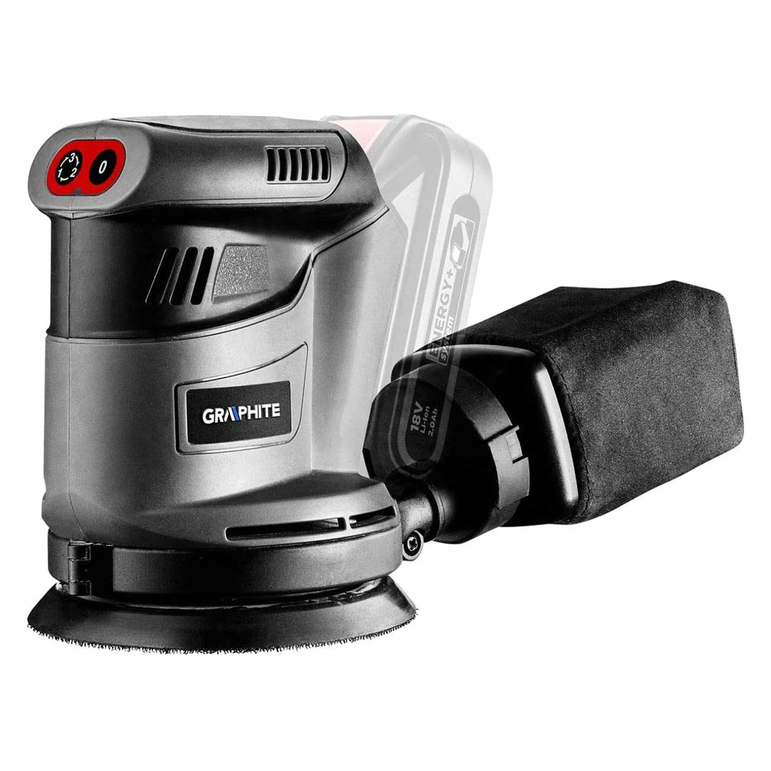 GRAPHITE Levigatrice eccentrica a batteria Energy+ 18V, platorello 125 mm, 5000/7000/9000 giri/min, 10000/14000/18000 giri/min, oscillazione 10000/14000/18000 giri/min, ampiezza di oscillazione 2,7 mm