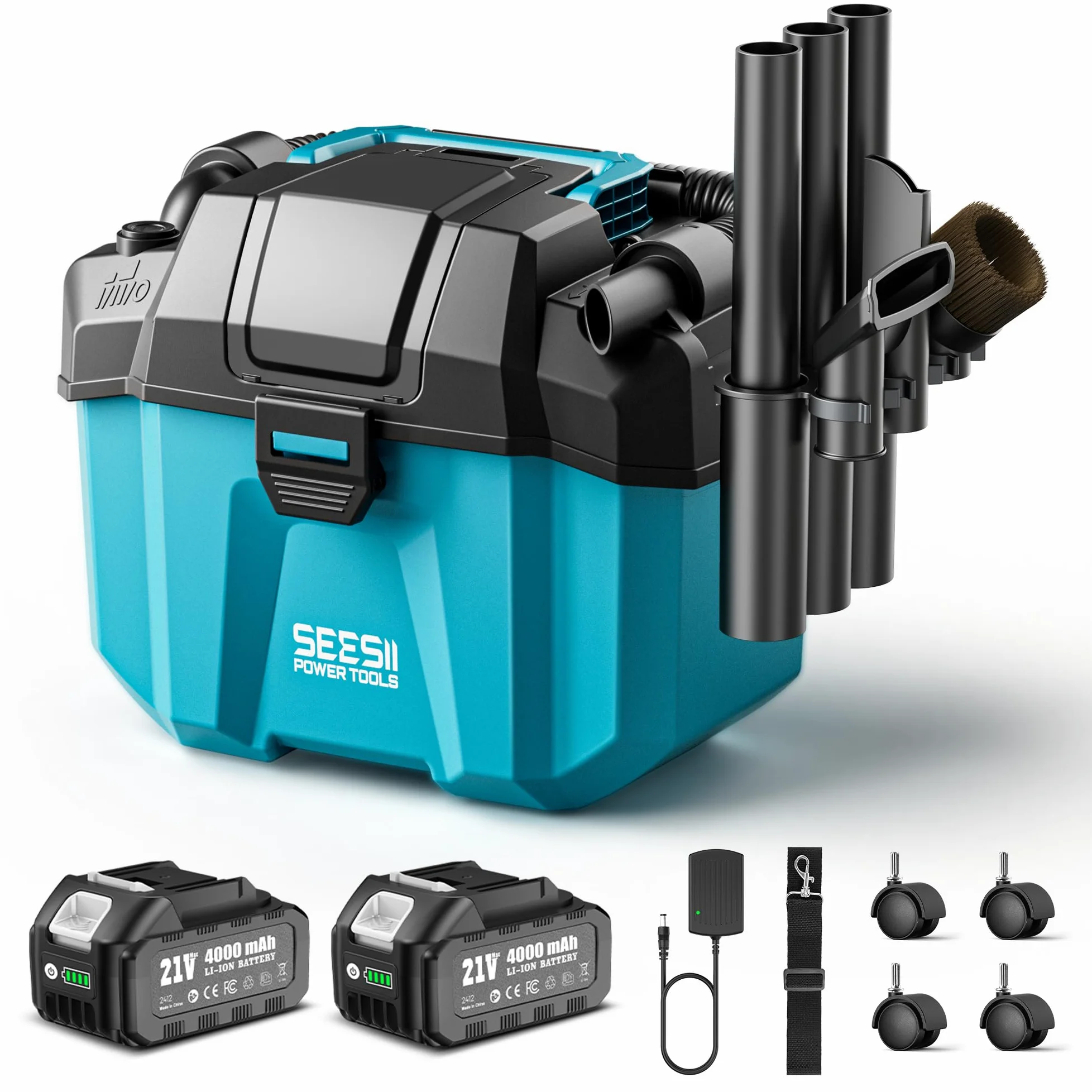 Seesii Aspiratutto Solidi e Liquidi, 2x4000mAh Batterie, 10L Aspirapolvere Bidone, 2 Velocità, Tracolla, 4 Ruote e Accessori, Ideale per Auto/Cantiere/Esterno/Casa (Blu)