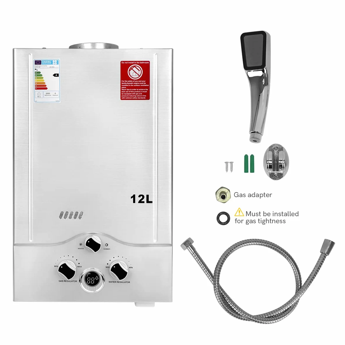 Scaldabagno a Gas 12LPM,Scaldabagno Gas GPL 24KW con Pressione dell'Acqua di Avviamento Super Bassa di 0,2 bar,per Casa,Camper,Cabina,Fienile,Funzionamento a Propano e Butano