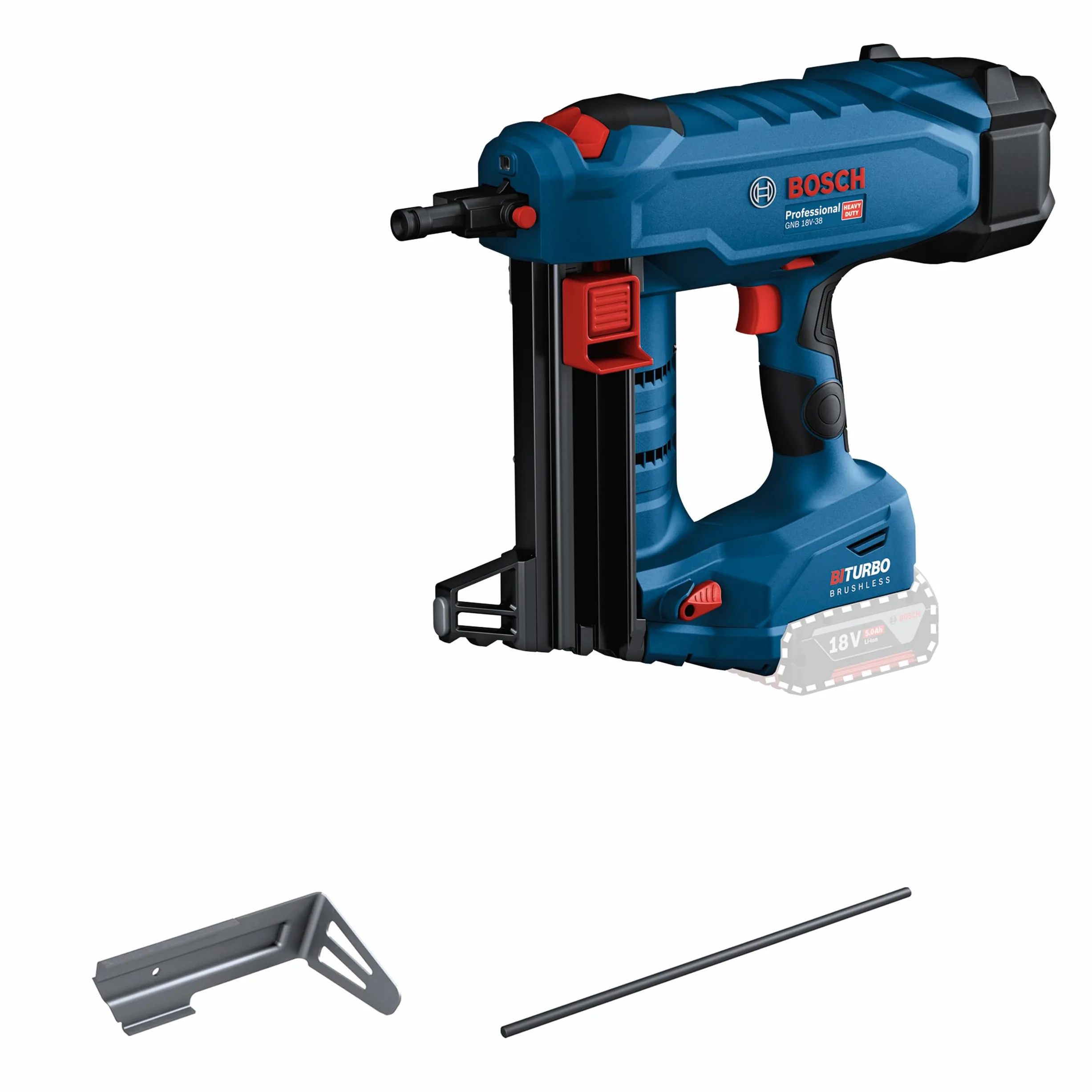 Bosch Professional 18V System Chiodatrice per calcestr. a batt. BITURBO GNB 18V-38 (Ø chiodi 2,7–3,0mm, lung. max. chiodi 38mm, 1 perno di estraz., 1 gancio di fissaggio, senza batt./caricabatteria)
