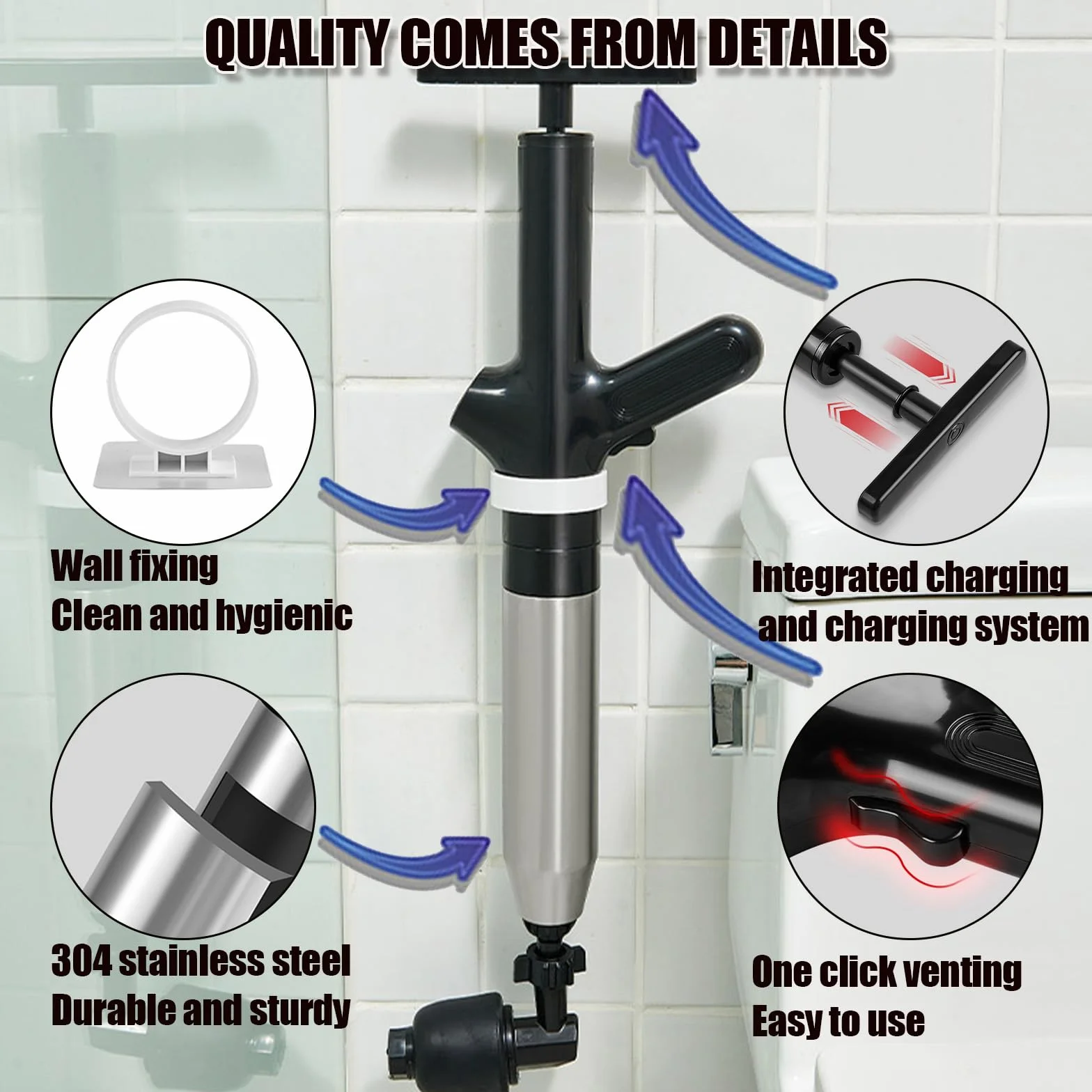 Stura WC ad Aria Compressa, Pompa Carichi a Pressione Stantuffo, Stantuffo Pulitore per Tubi ad Aria Compressa ad Alta Pressione per WC, lavandino, Vasca da Bagno (2024 Classica Nero)