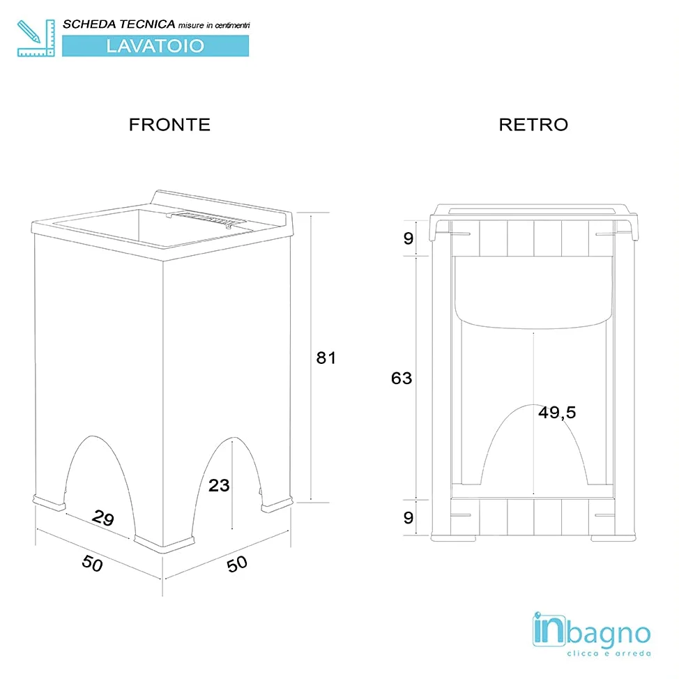 Inbagno Mobile lavatoio da Esterno 50x50 in Resina, Include ASSE lavapanni e Kit di Scarico, in Kit di Montaggio