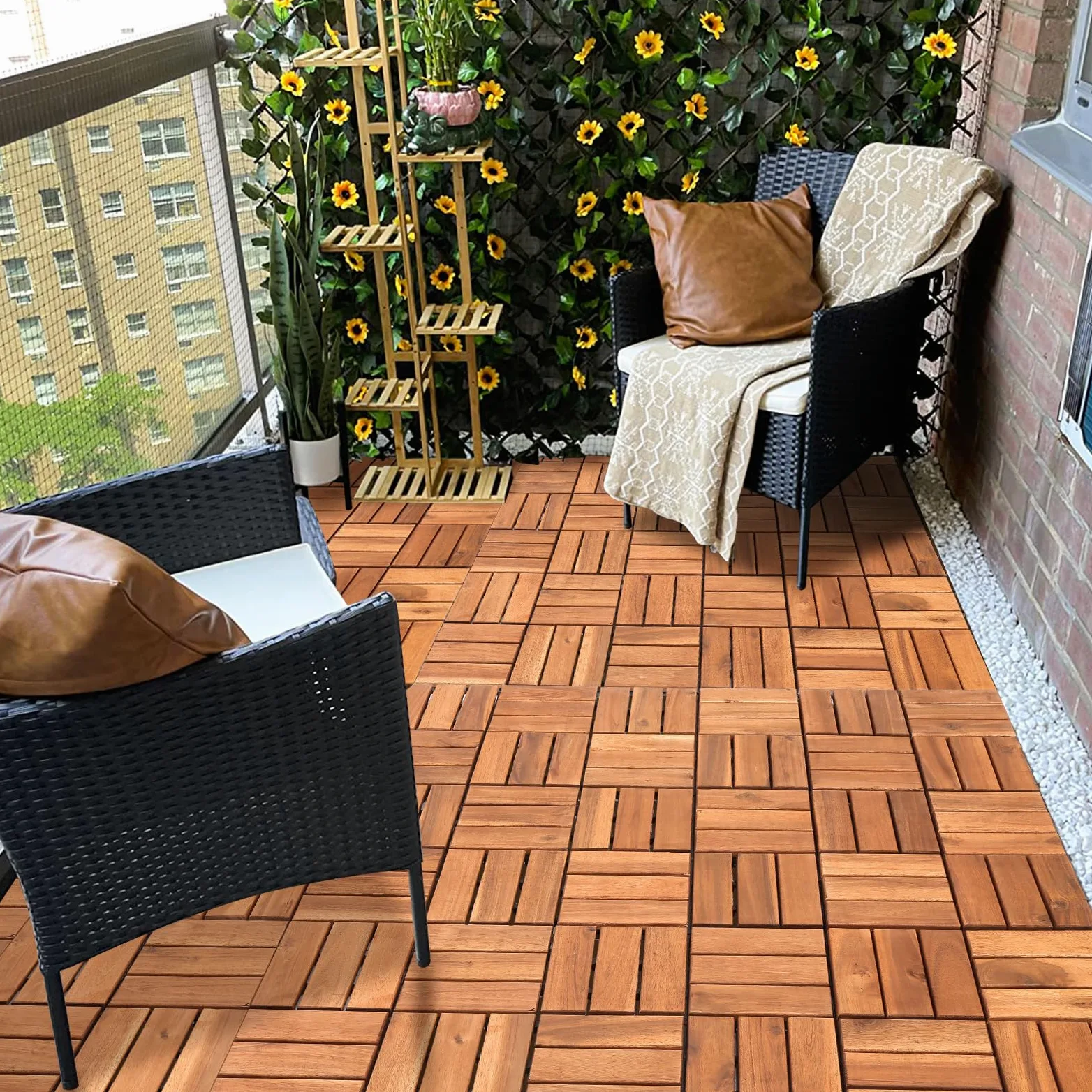 Piastrelle in legno per terrazze, 110 piastrelle per 10 m², 30 x 30 cm, piastrelle per balconi resistenti agli agenti atmosferici con sistema di drenaggio, in legno di acacia con sistema di