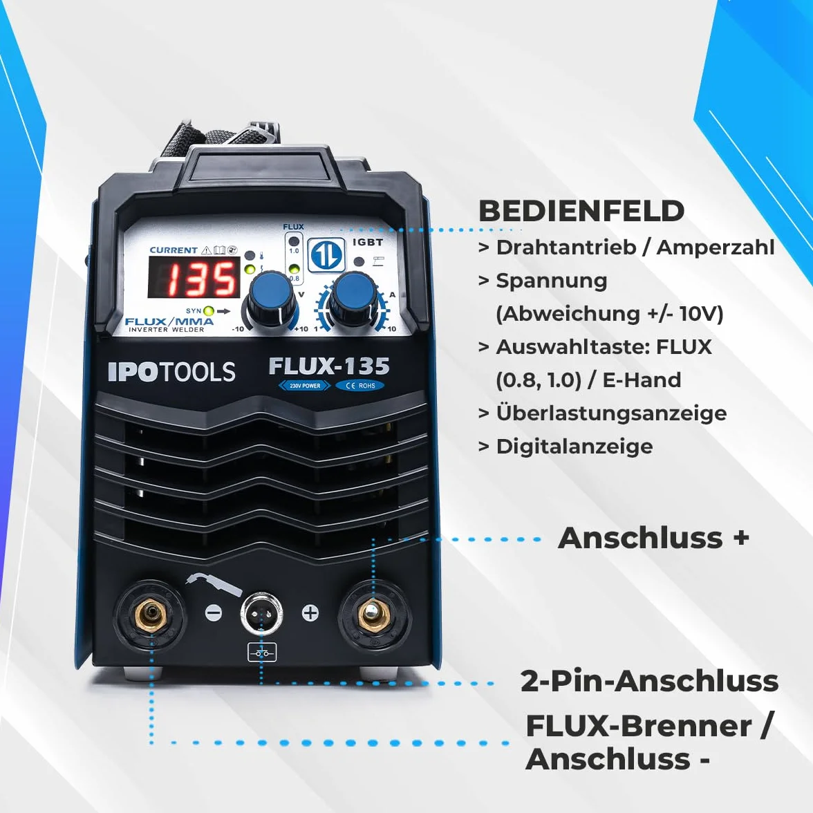 IPOTOOLS FLUX-135 - Saldatrice a filo di riempimento, senza gas, 135 A, senza gas, per saldatrice, filo di riempimento 0,8 mm o 1,0 mm, con MMA/IGBT/230 V