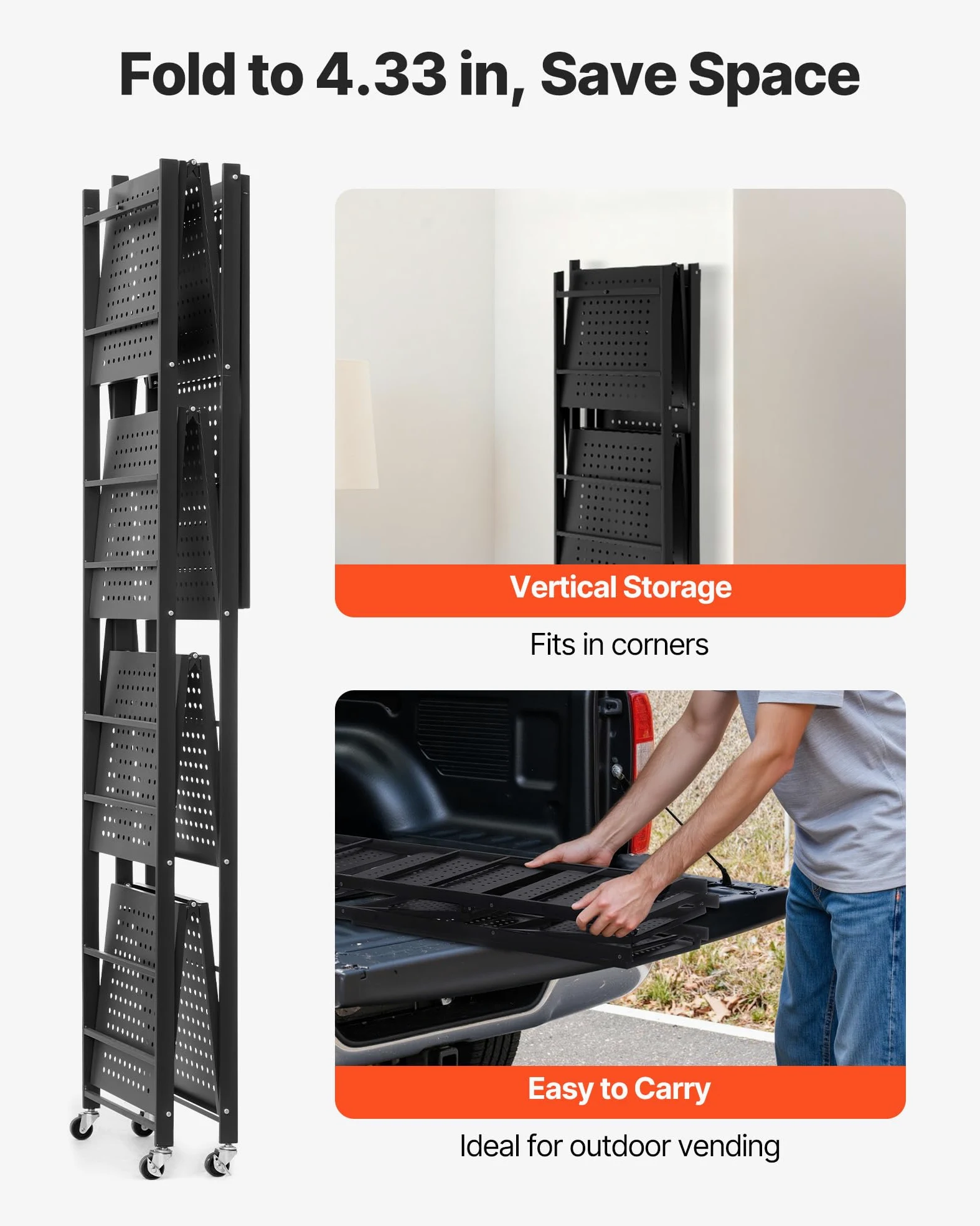 VEVOR Scaffale Portaoggetti Pieghevole a 5 Ripiani con Ruote, Scaffale in Metallo Pieghevole, Robusto Resistente Senza Montaggio, Ideale per Garage, Cucina, Cantina Nero 380 x 710 x 1630 mm