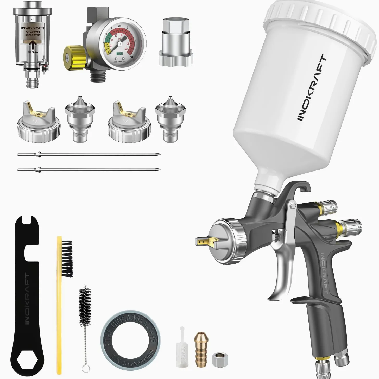 InoKraft D1 LVLP Pistola a Spruzzo ad Aria Premium Kit Facile da Usare per Verniciatura Auto & Casa DIY Ugelli 1.3/1.5/1.7mm con Accessori per Spruzzatura
