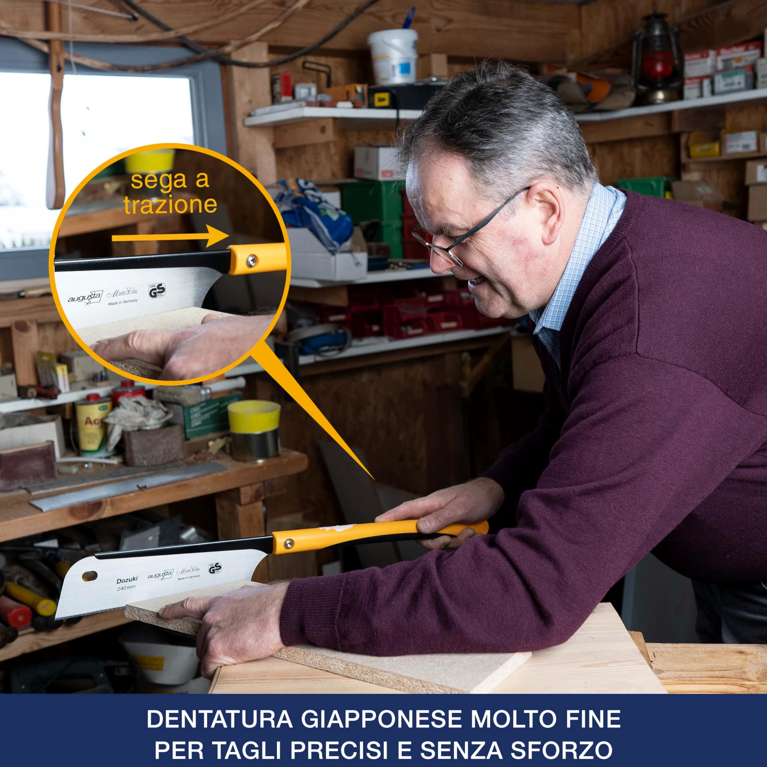 Sega giapponese Augusta-Heckenrose Dozuki - sega tradizionale con robusto dorso in acciaio e impugnatura comfort 2K - taglio diamantato su tre lati - dentatura speciale per tagli fini nel legno