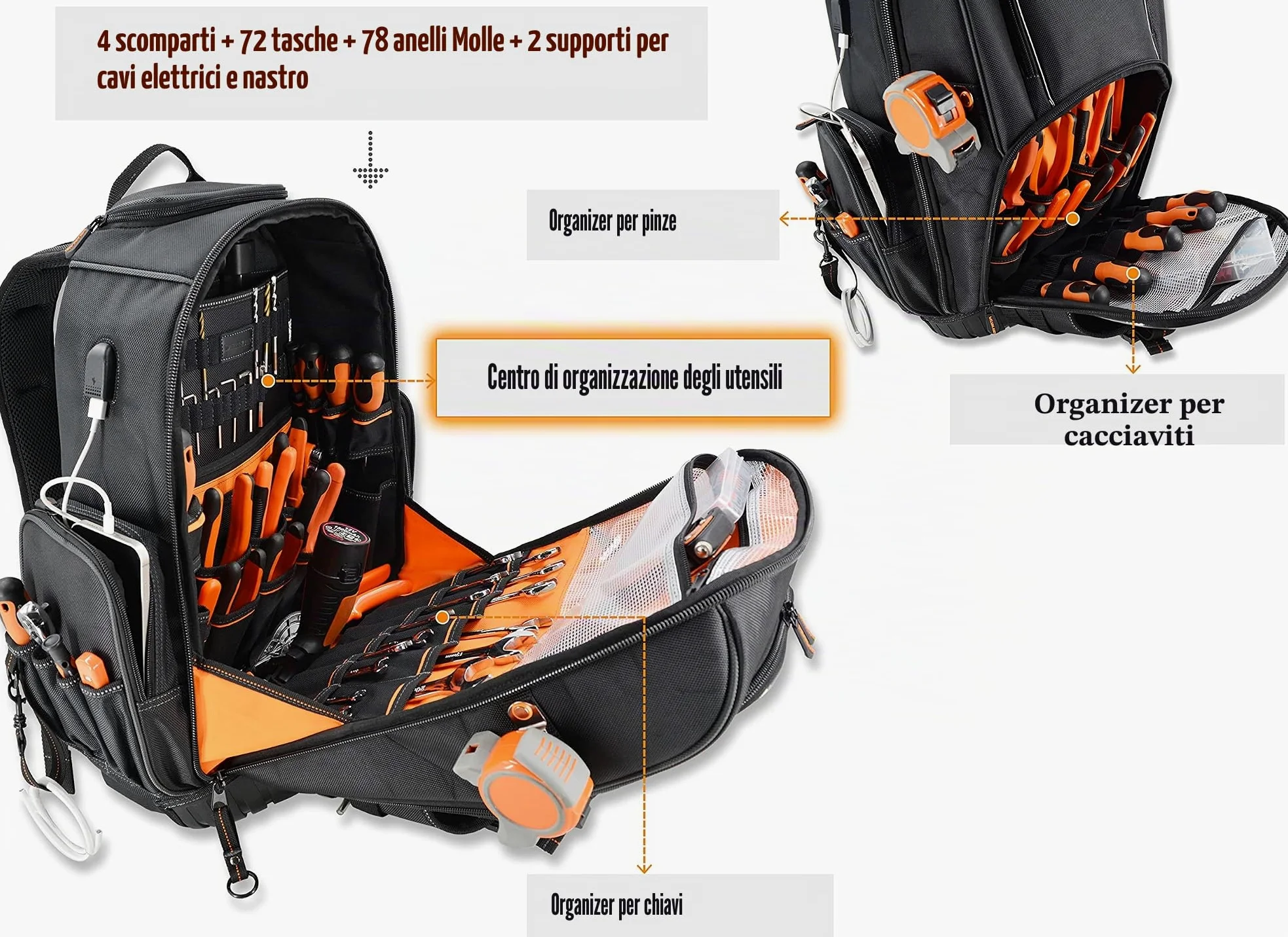 WELKINLAND Zaino porta attrezzi con 72 tasche e rotelle, Grande borsa porta attrezzi con ruote, Borsa porta attrezzi per elettricisti con rotelle per uomini