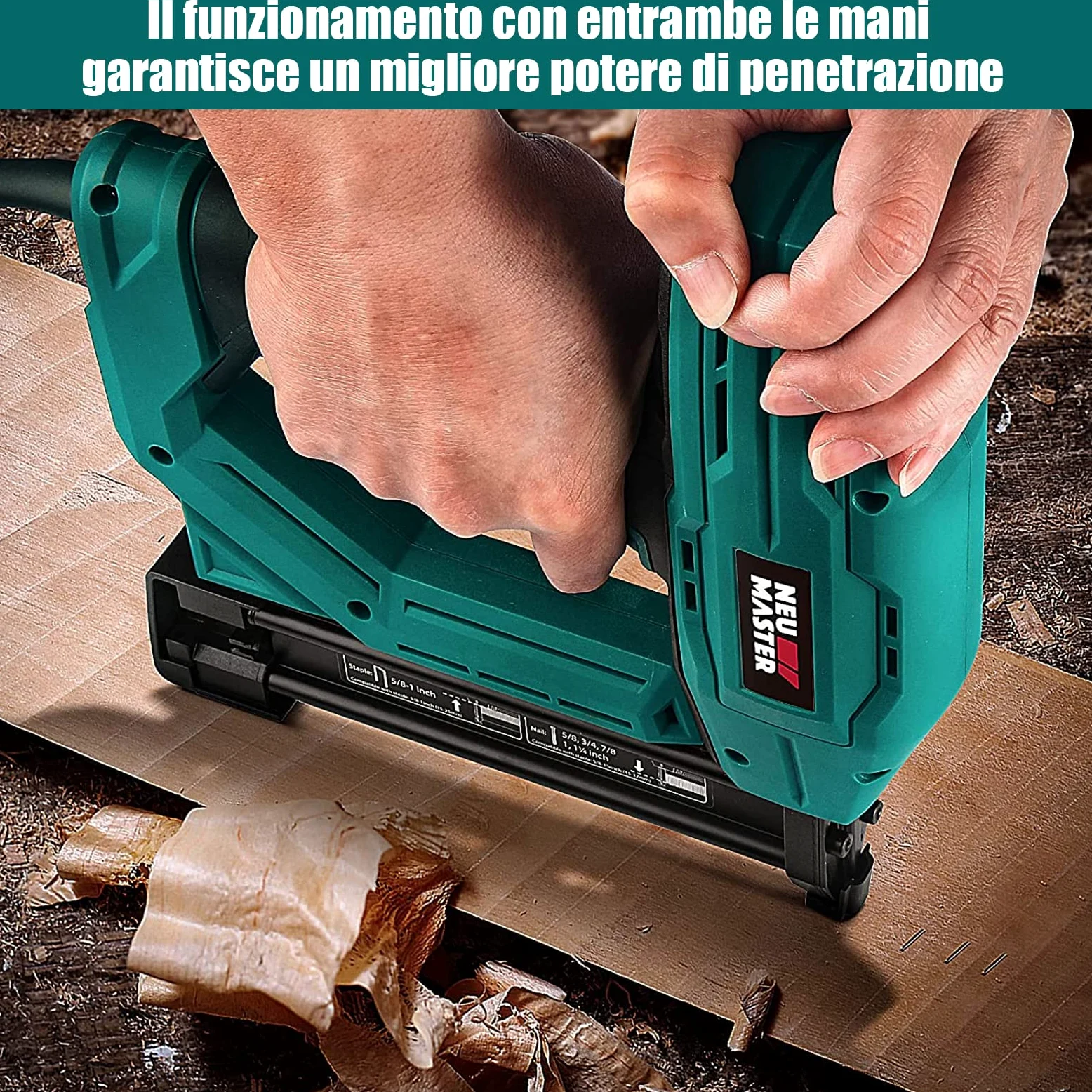Sparachiodi Elettrica - NEU MASTER Graffettatrice con 200 Graffe e 800 punti Chiodi, Preselezione Elettronica della forza di impatto, Naso di sicurezza,cavo di Alimentazione extra lungo 2 m