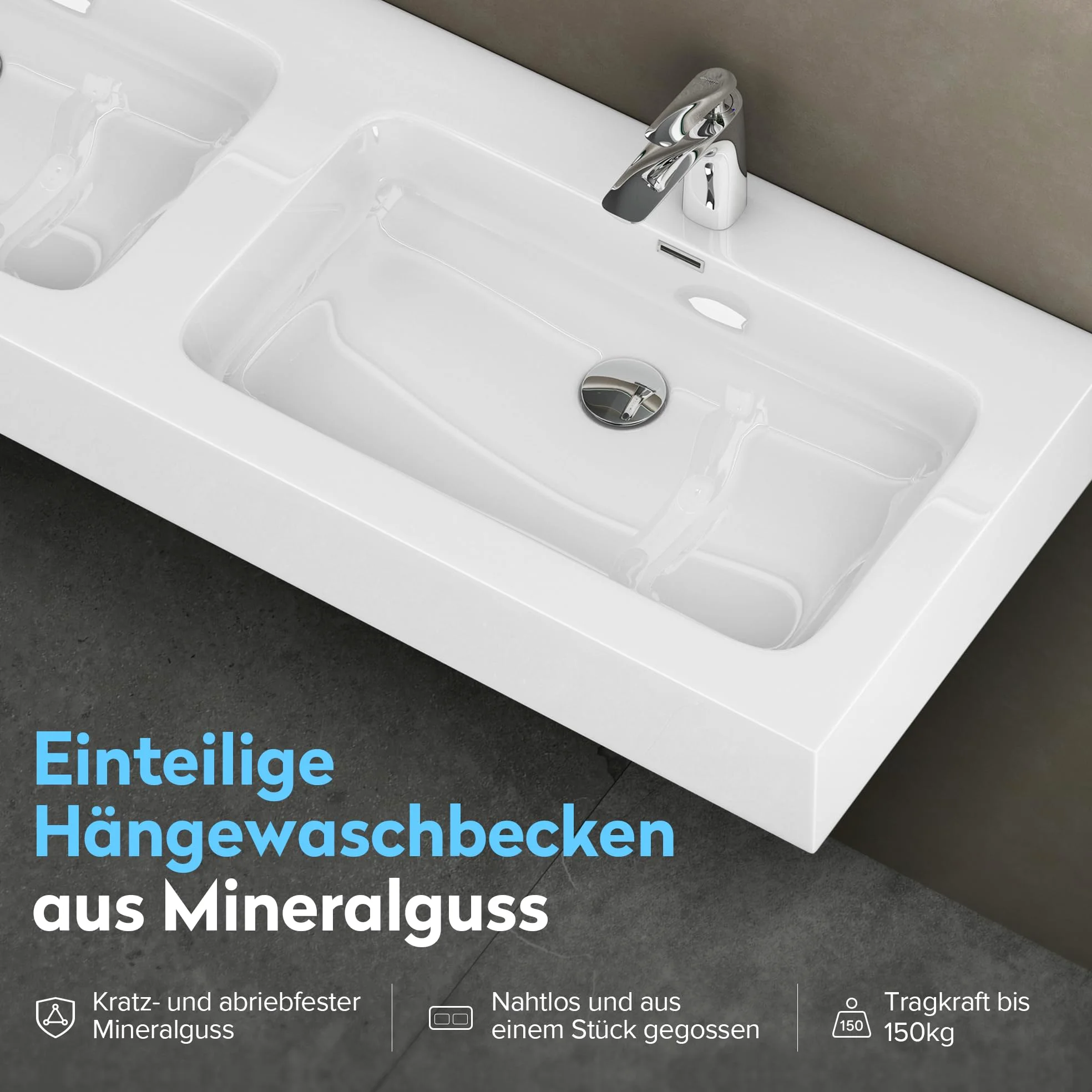 doporro Lavabo da Appoggio, Lavandino Bagno 140x48x13cm, Lavabo da Minerale Fuso Colossum830, due Fori per la Rubinetteria, Bianco Lucido