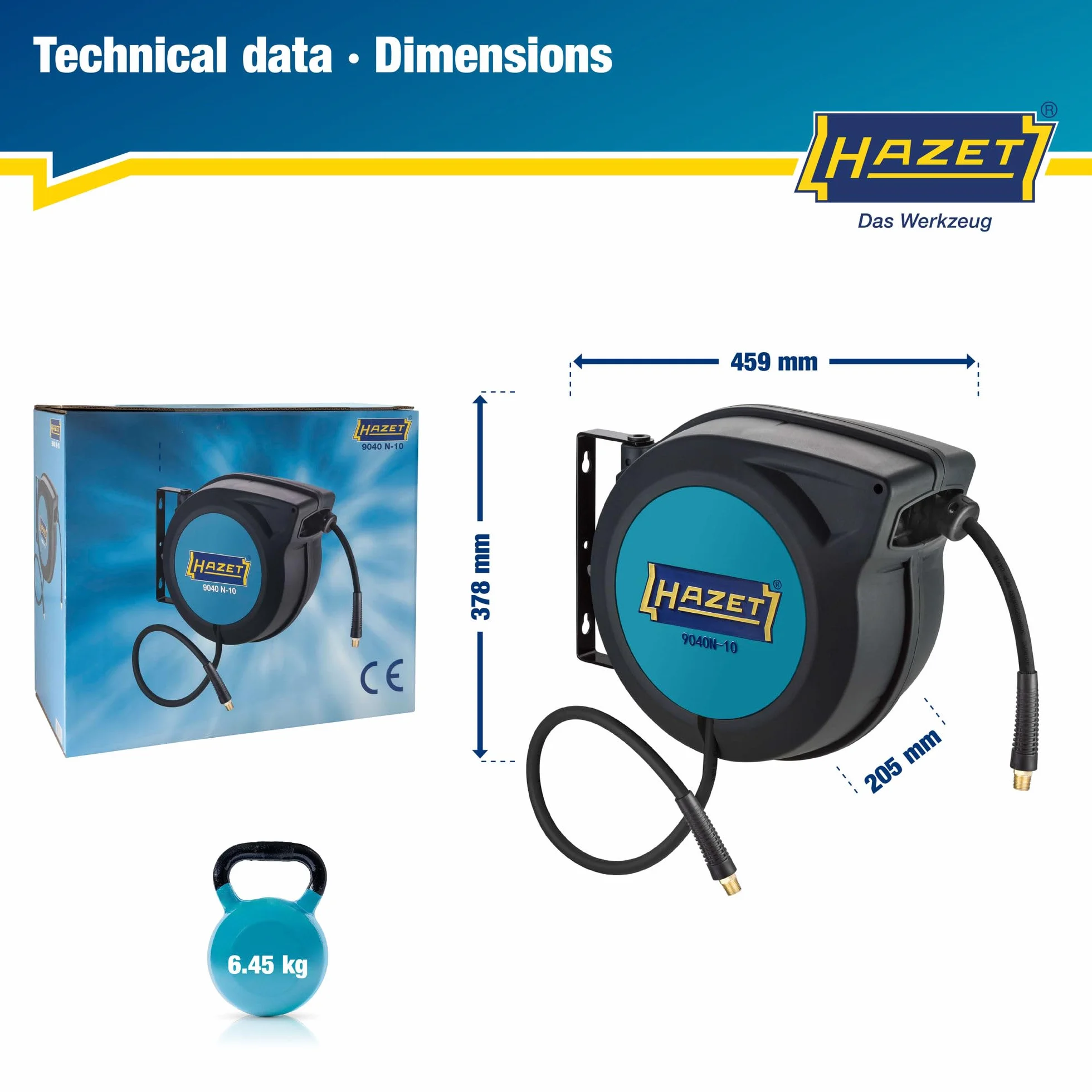 Avvolgitubo HAZET 9040N-10 | Lunghezza del tubo: 15 m, diametro interno del tubo: 10 mm, pressione massima: 20 bar per aria compressa e acqua | Avvolgitubo per l'avvolgimento pulito dei tubi".