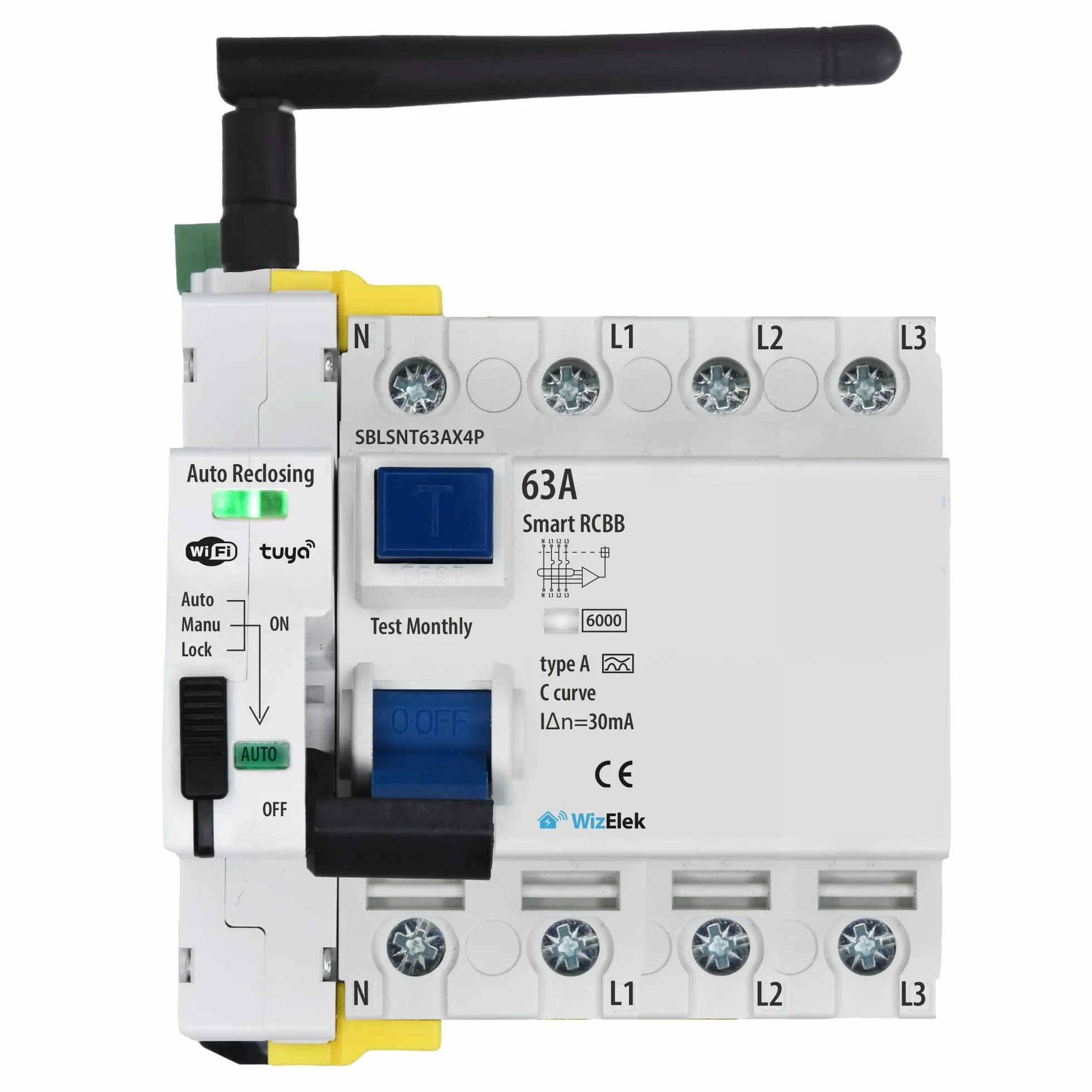 Smart-Home Salvavita Wi-Fi Tuya con Riarmo Automatico 4P Trifase 63A 30mA Tipo A&AC – Controllo Remoto – 5 Moduli DIN – RCCB EN 61008-1
