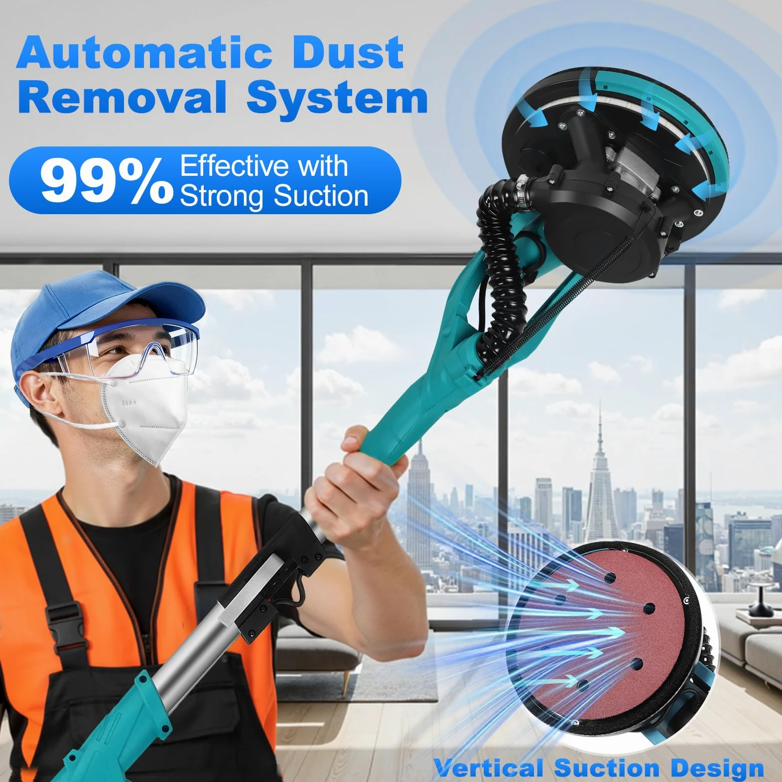 levigatrice per muro 850W telescopic giraffa levigatrice 800–2100 giri/min 5 velocità regolabili Testa di rettifica Ø 215mm e inclinabile di 90° levigatrices muro con luce LED