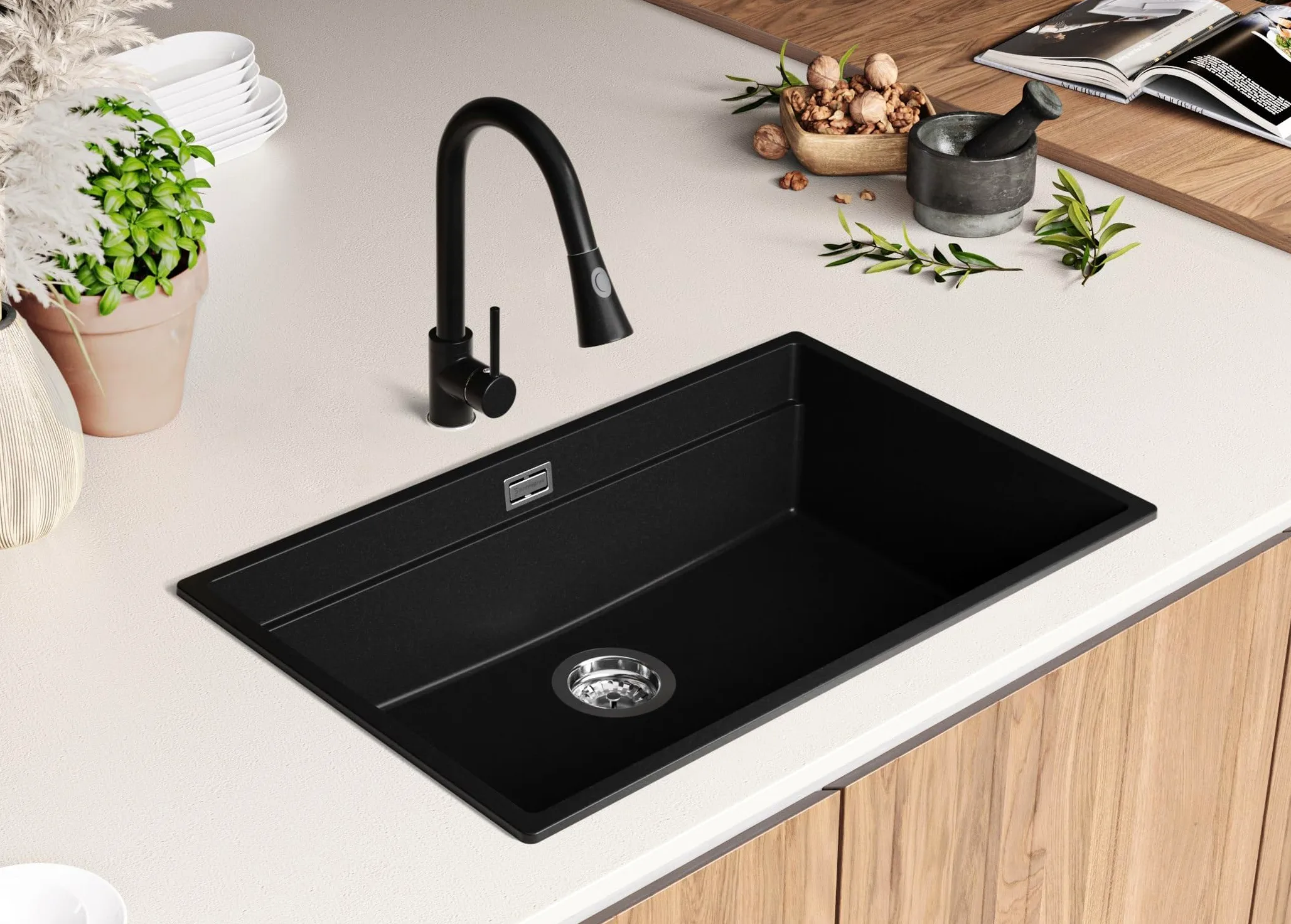 PRIMAGRAN Lavello da Cucina Tutto Nero 76x47cm, Lavandino in Granito a 1 vasca + Set di accessori, Lavabo da Cucina Incasso al Mobile 80cm - Prague Level Slim S547