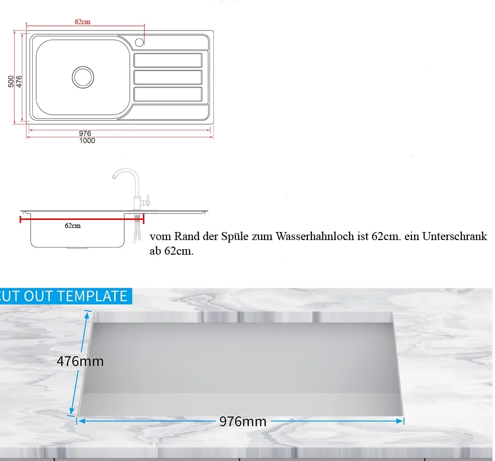 100 x 50, lavello da cucina, in acciaio inox 304, spessore del materiale: 0,8 mm, lavello, lavello da incasso, rettangolare, 1 vasca, XXL 50 x 40 cm (superficie laterale sinistra)