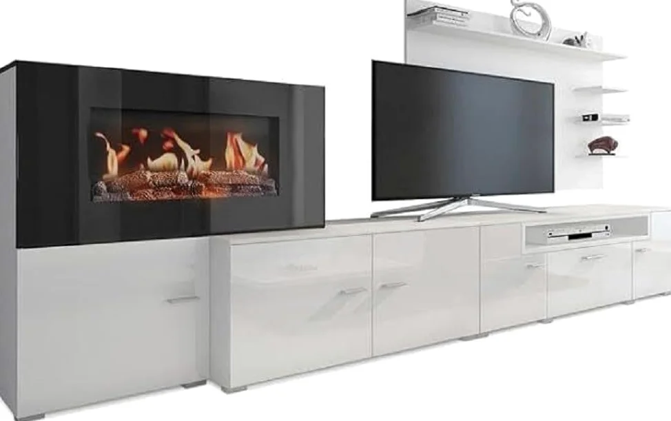 Skraut Home - Mobili per Soggiorno con Camino Elettrico - 170 x 290 x 45 cm - Sistema di Illuminazione LED Effetto Fiamma - Nuovo Modello Olympo - Stile Moderno - Finitura Bianca
