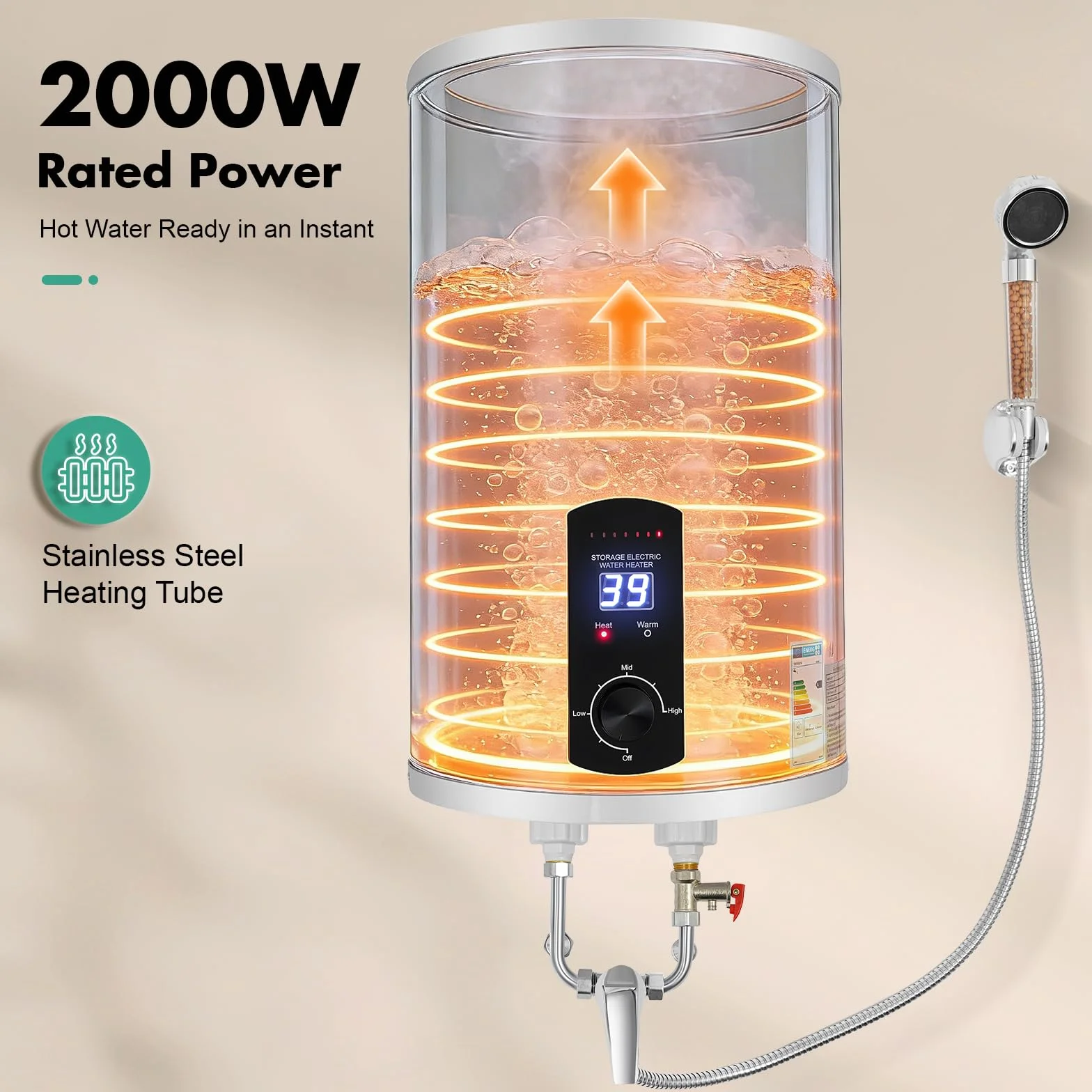 Scaldacqua Elettrico 220V 2000W 25 Litri Alta Capacità, Temperatura (25-75 °C) con Comando a Pulsante Display Digitale, Adatto per Cucine, Servizi Igienici, Bagni, Camper, ecc