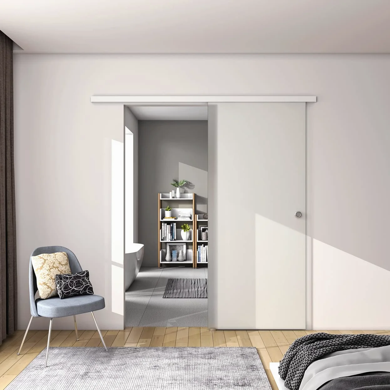 100x225 cm Porta Scorrevole in Vetro da 8 mm Temperato Opaco con Pellicola Anti-frantumi con Binario in Alluminio Bianco Verniciato