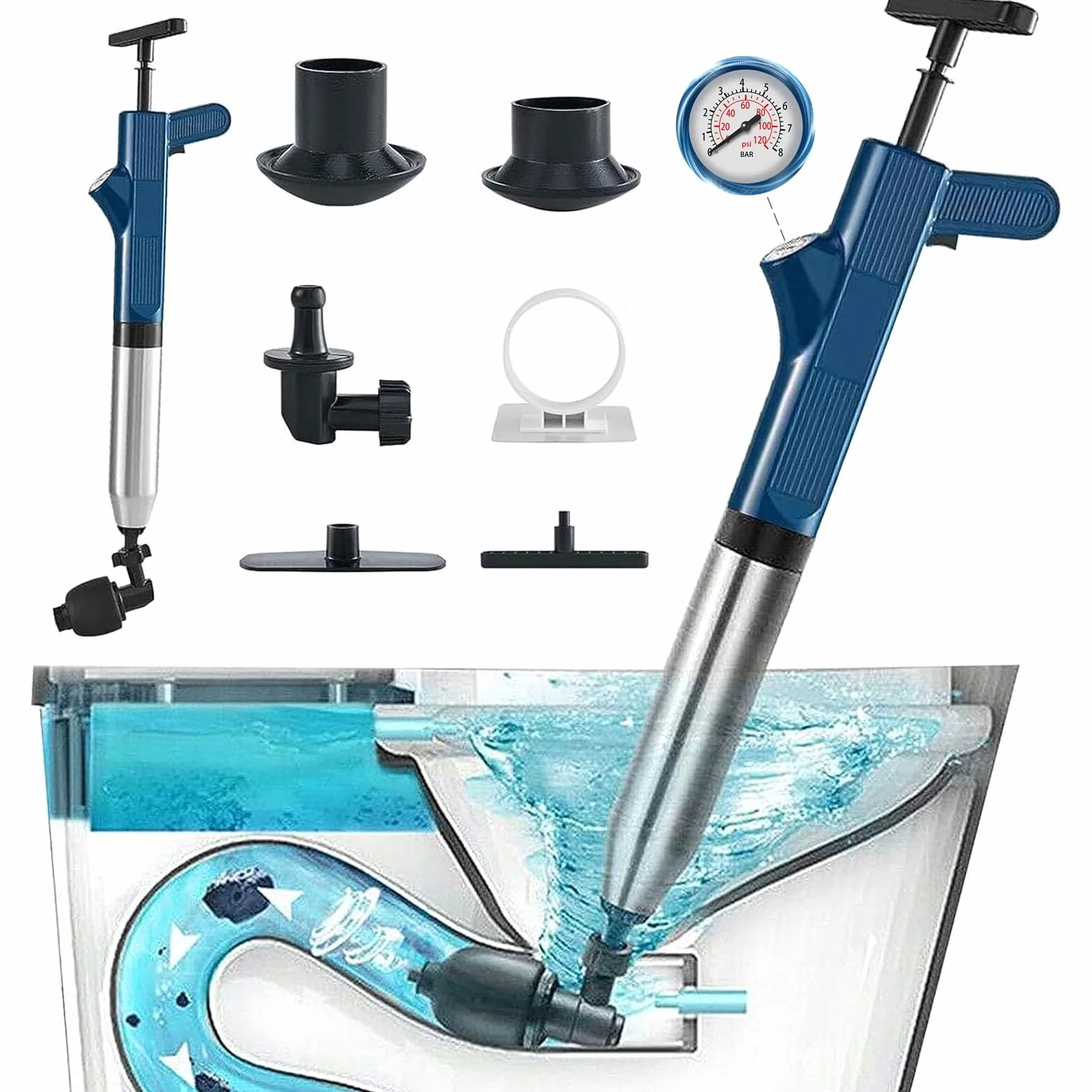 Stantuffo per WC Pulitore per Tubi, ad Aria Compressa ad Alta Pressione con Barometro 5 Adattatore in Gomma Sbloccatore di Scarico Macchina per la Pulizia dei Tubi per Bagno Cucina WC