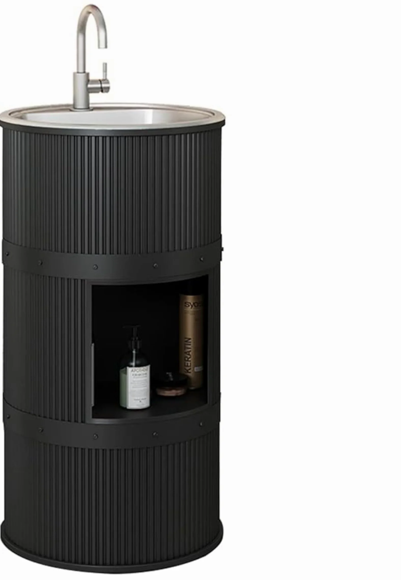Lavandino a Colonna Moderno in Ferro Battuto, Mobile da Bagno con Lavabo in Acciaio Inox, Lavandino su Piedistallo Freestanding Set con Rubinetto e Scarico (con contenitore,nero)