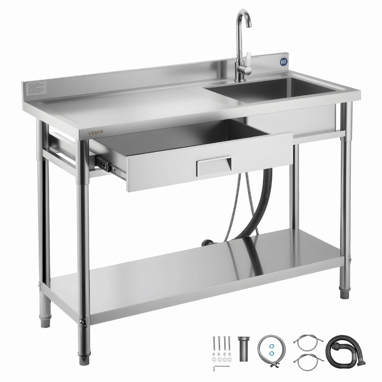 VEVOR Lavandino Mobile da Cucina 1200 x 500 x 940 mm, Vasca Singola con Rubinetto e Cassetto, Lavello da Cucina per Garage, Ristorante, Lavanderia, Lavabo da Esterno con Piano di Lavoro Sinistra