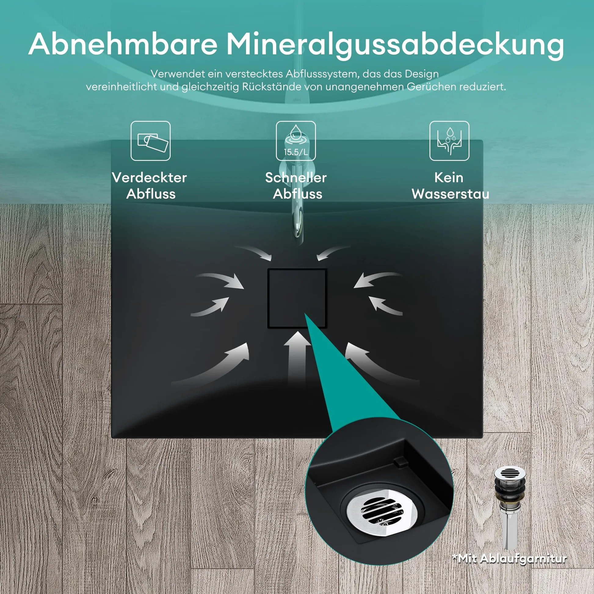 Mai & Mai Lavabo da Appoggio 60x48x10cm, Lavabo Bagno Sospeso Lavandino Bagno Rettangolare Colossum810 Marmo fuso, Nero Opaco