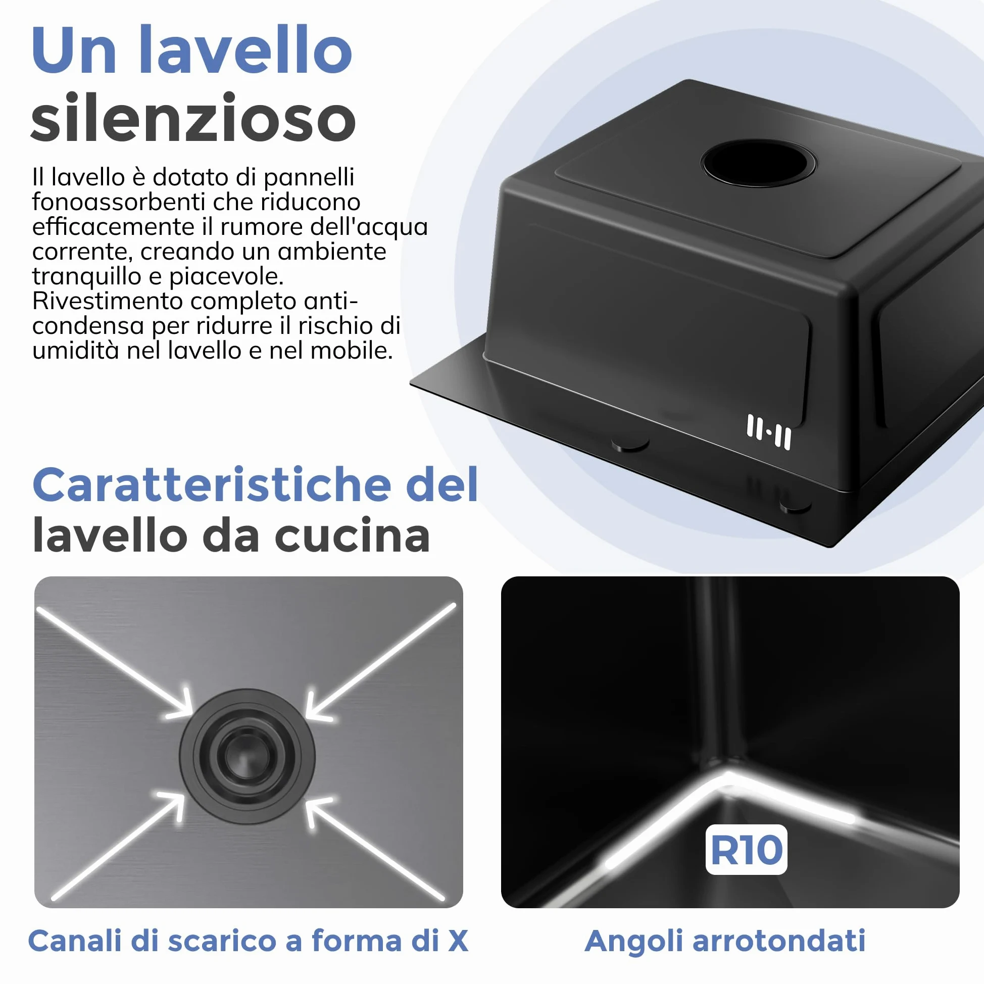 ANW HOME Lavello Cucina 1 Vasca Lavandino Cucina Acciaio Inox 304, Lavello da Incasso o Sottotop 37x45 cm Grafite PVD, Rivestimento Nano, Spessore 3,0+1 mm, Profondità 22 cm, con Sifone