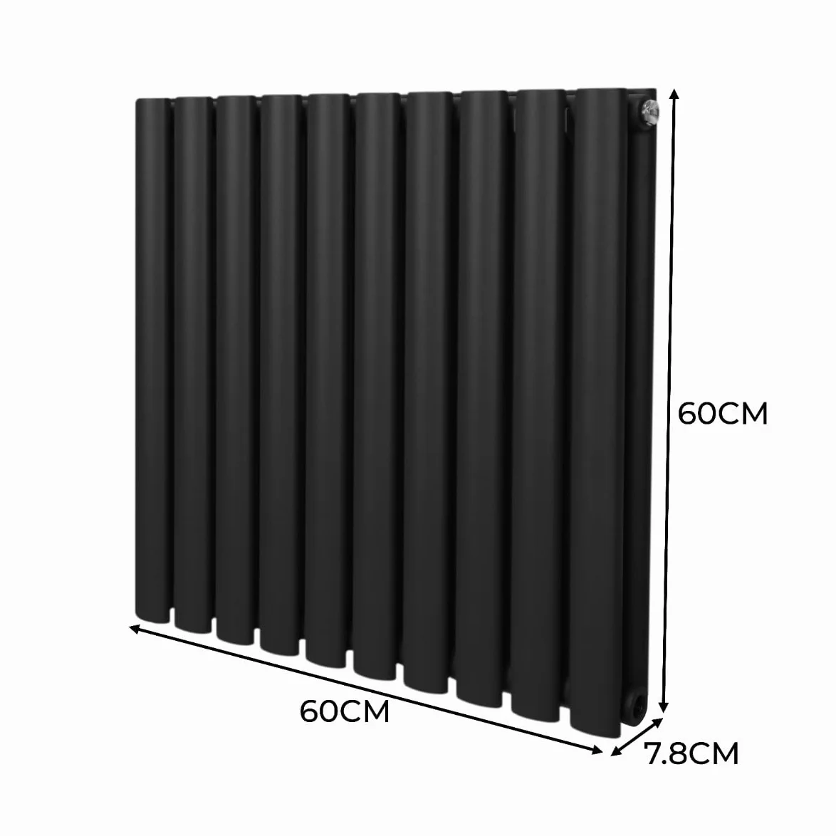 Radiatore a colonna ovale 600 mm x 600 mm Designer Doppio pannello Termosifone Nero Acciaio Inclusi Spazzola per la pulizia Kit di fissaggio e staffe