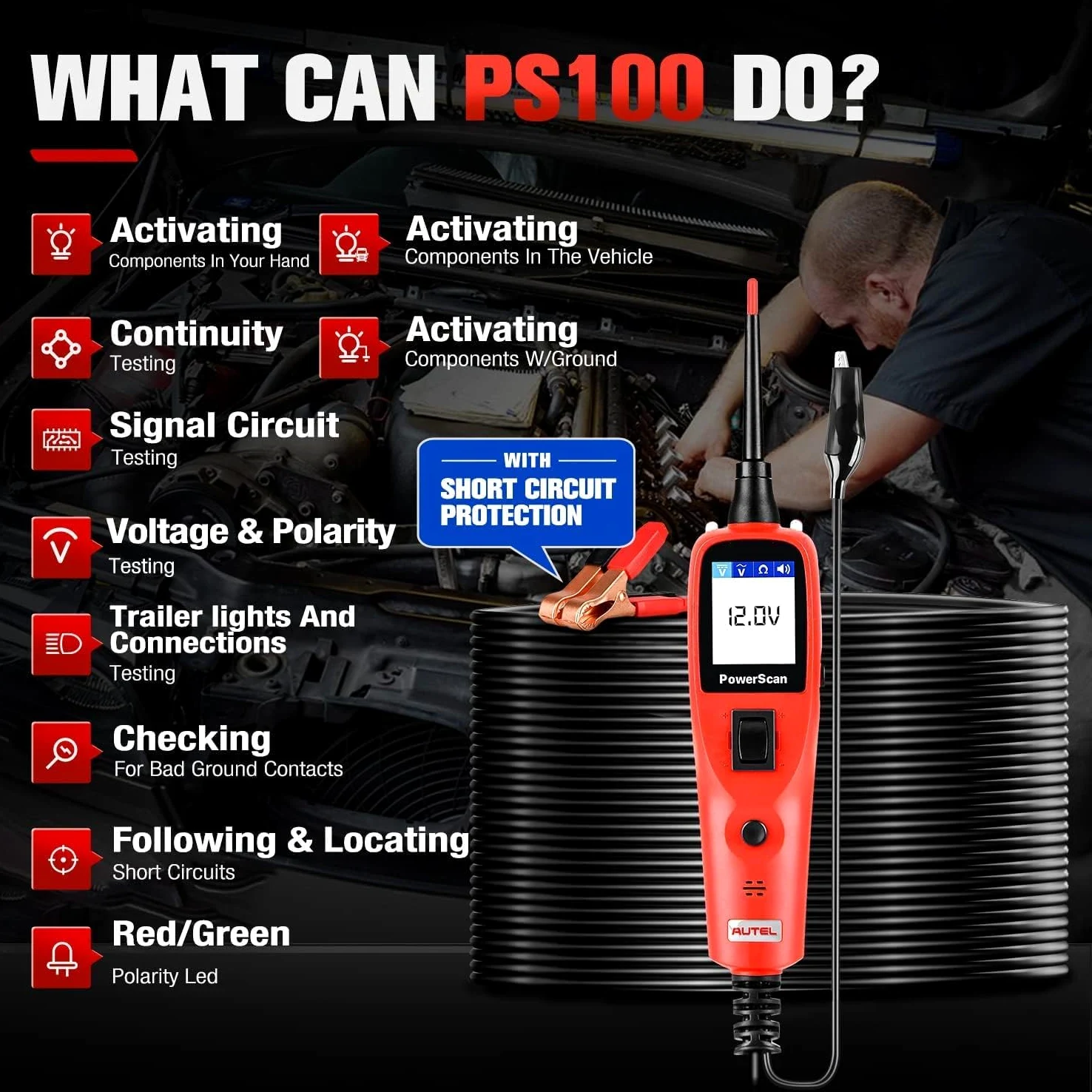 Autel PowerScan PS100 Kit Sonda Circuito, Strumento Diagnostico Sistema Elettrico12-24V, Interruttore Circuito Integrato, Lettura Resistenza Corrente CA/CC, Test Cortocircuito/Continuità/Sonda/Segnale