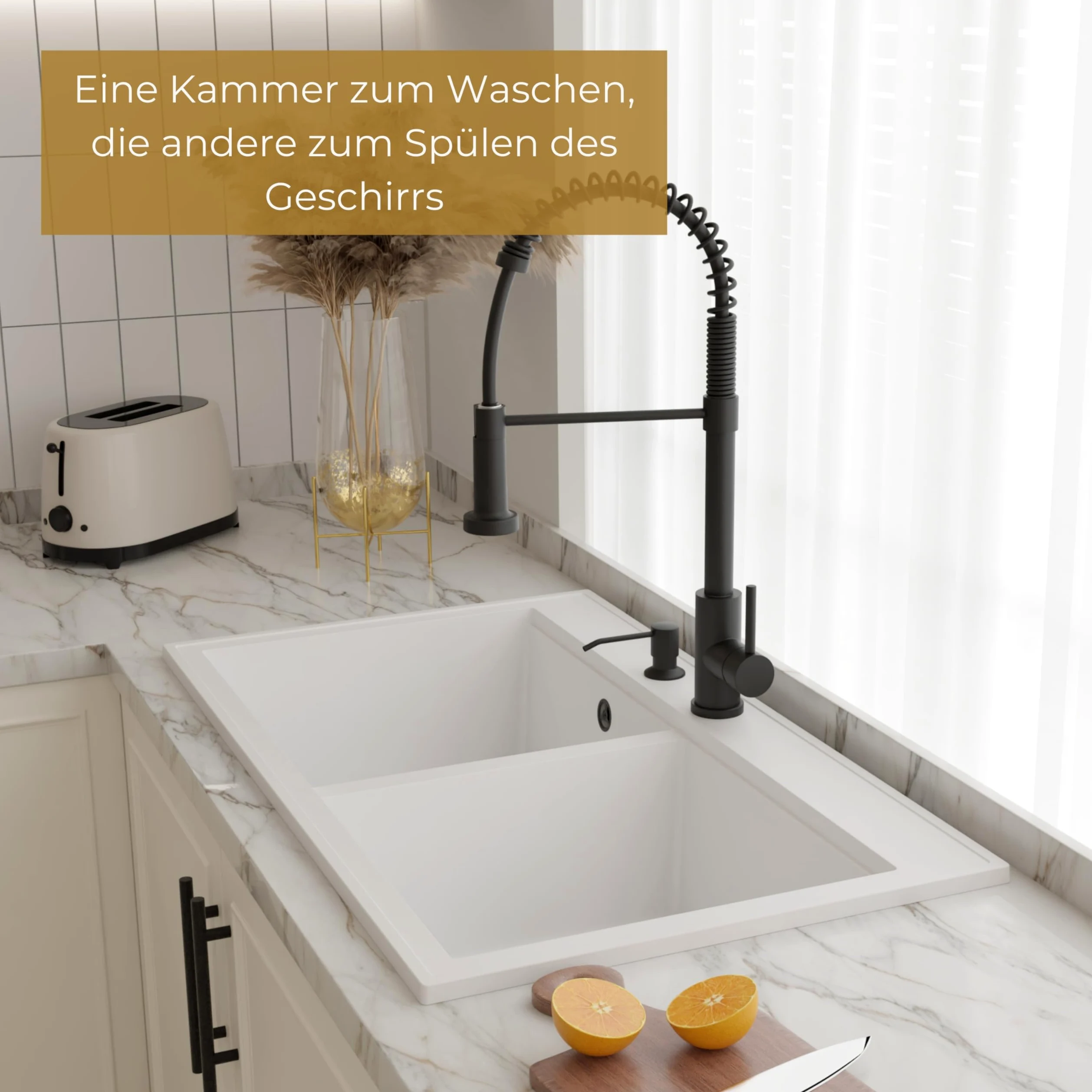 SINK QUALITY Lavello doppio nero 86 x 50 cm, doppio lavello con sifone e impregnante, lavello in granito 2 vasche – lavello da cucina a partire da mobile sottolavello da 85 cm