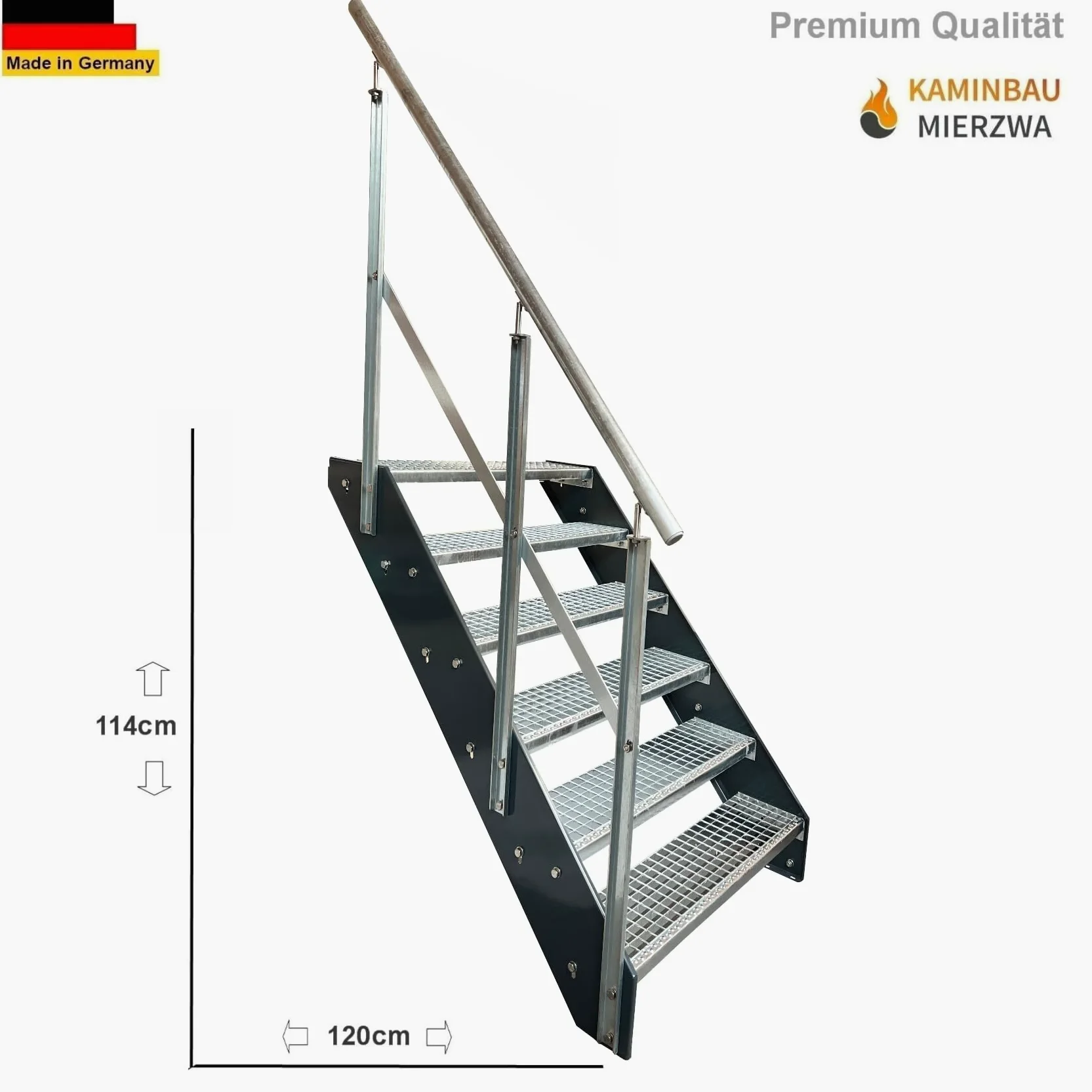 Scala in acciaio di alta qualità con ringhiera zincata sinistra/guance, antracite RAL 7016/6 gradini zincati (larghezza 1000 mm) (altezza 114 cm) resistente alle intemperie, scala da