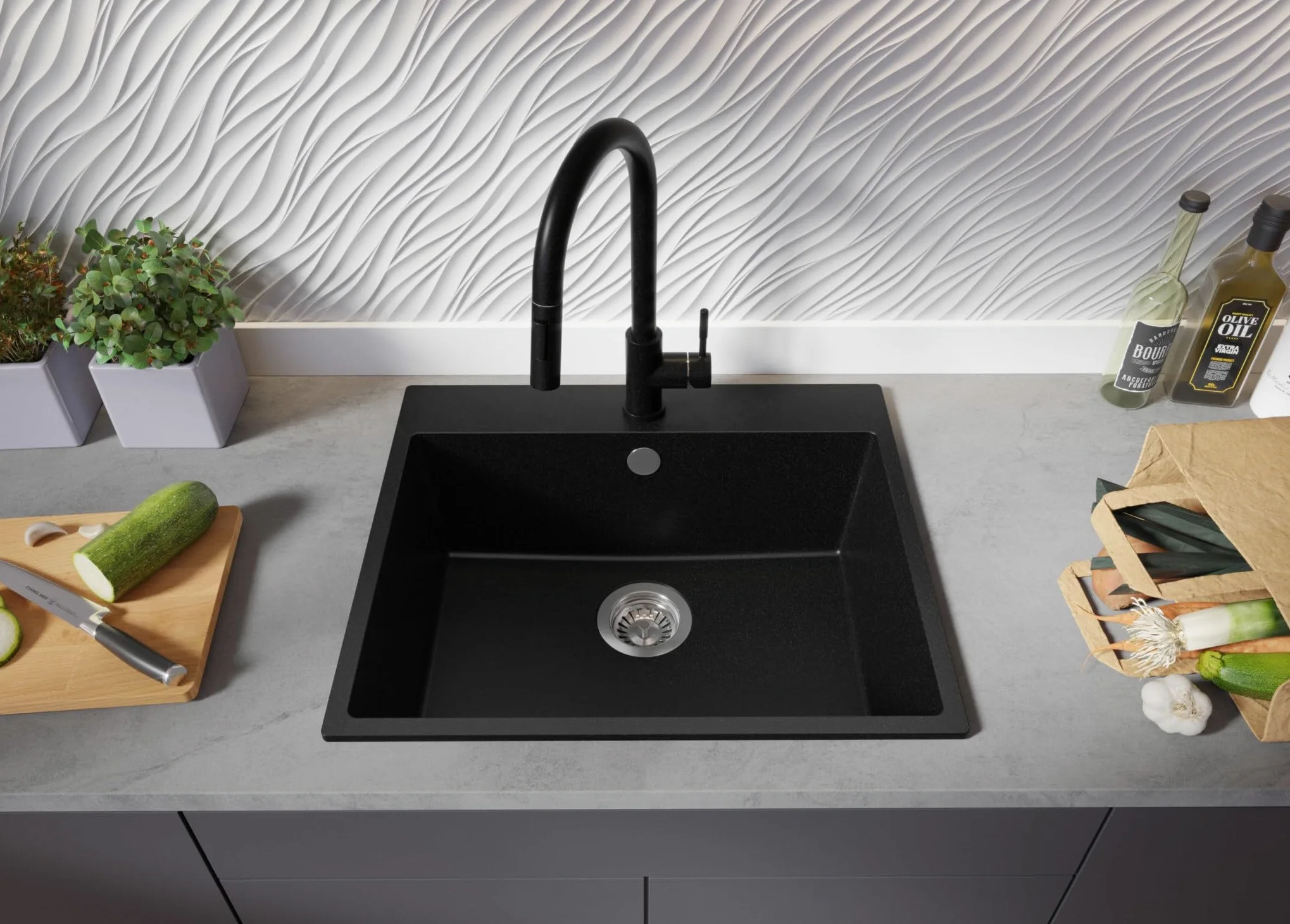 PRIMAGRAN Lavandino da Cucina Tutto Nero 58x50cm, Lavello in Granito a 1 vasca + Rubinetto 40x20cm + Set di accessori, Lavabo da Cucina Incasso al Mobile 60cm - Riga S393