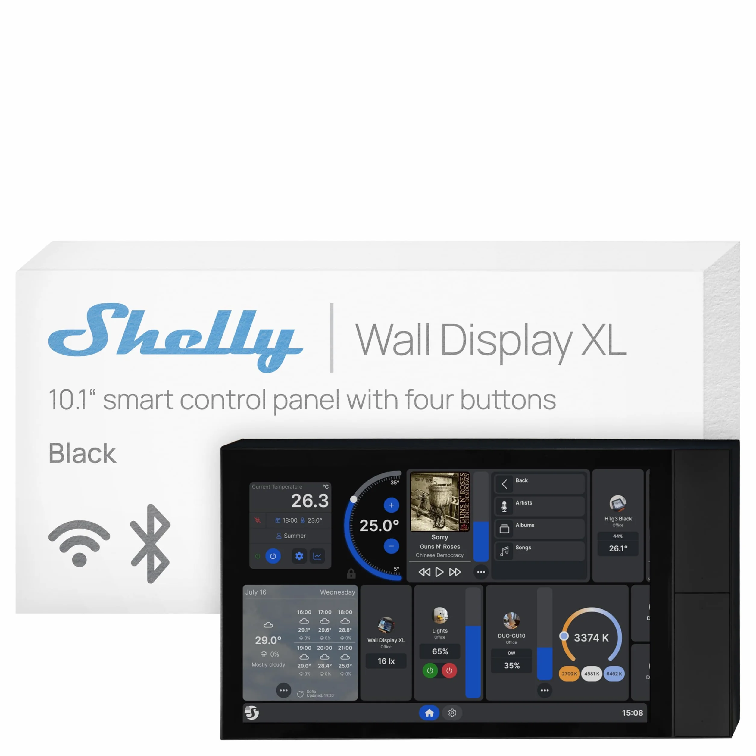 Shelly Wall Display XL Nero - 10.1" Pannello di Controllo Smart WiFi, 4 Pulsanti, Termostato, Relè Integrato 5A, Richiede Neutro, Sensori LUX, Altoparlanti Stereo, Home Assistant, Domotica