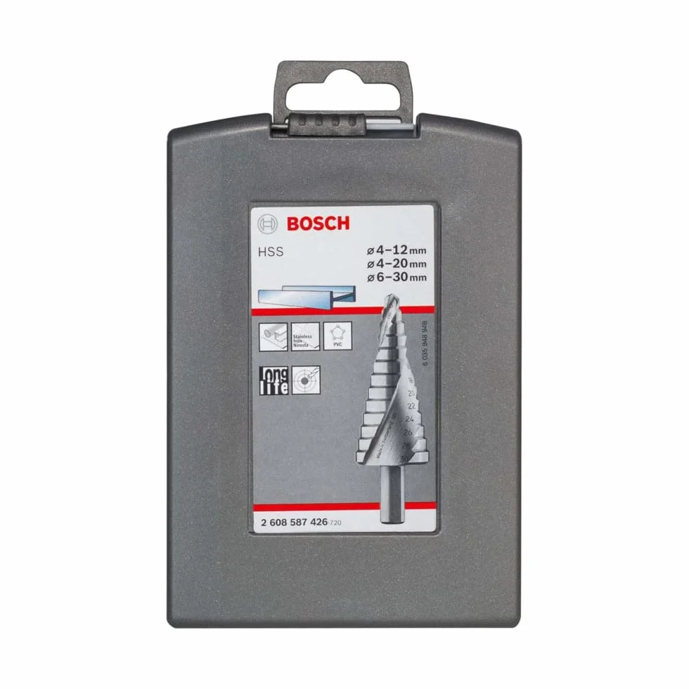 Bosch Professional 3 pz. Set di punte a gradini HSS con codolo a tripla superficie (per Metallo, Ø 4-12/4-20/6-30 mm, Accessorio per Trapani)