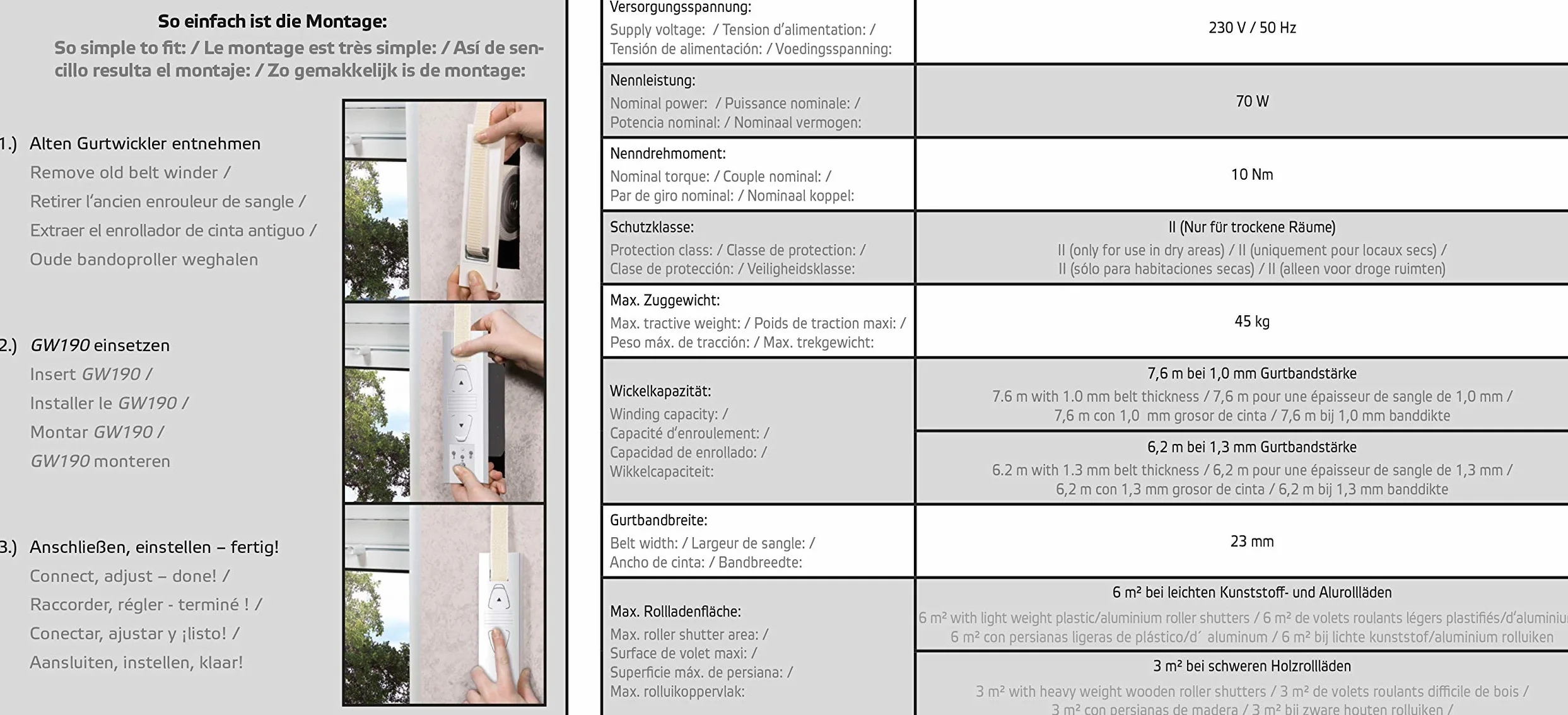 Superrollo GW190 avvolgitore elettrico a incasso per cassetta della cinghia, azionamento per tapparelle fino 45 kg (circa 6 m²), per cinghia da 23 mm