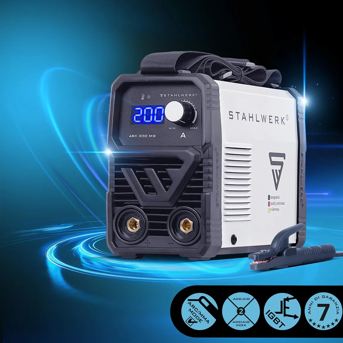 STAHLWERK Saldatrice ad elettrodo ARC 200 MD – MMA & Lift-TIG (DC) fino a 200 A, uso flessibile senza gas, compatta & leggera 3,4 kg, Smart Cooling, Hotstart automatico