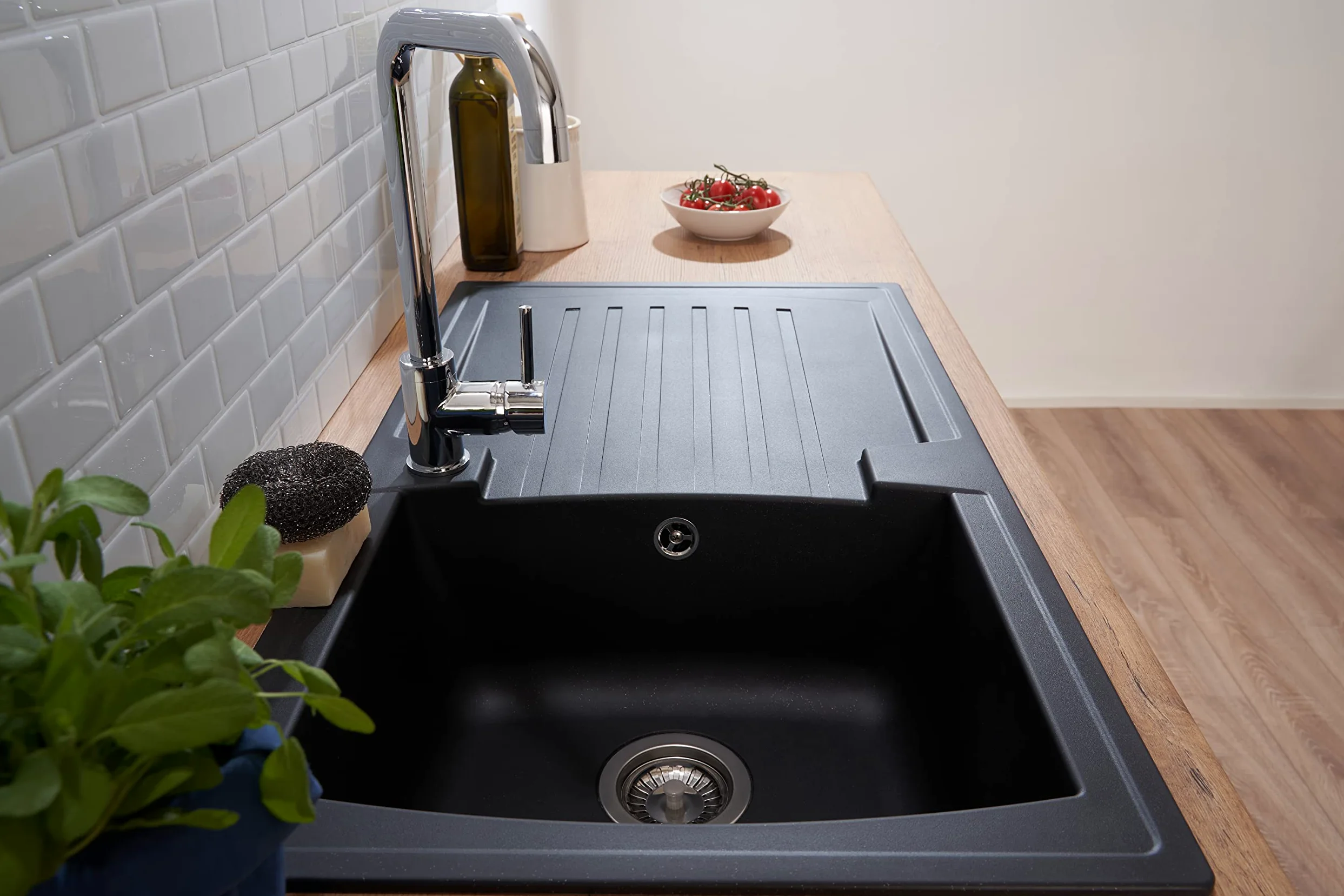 Respekta Lavello da Cucina in Mineralite Color Nero, Lavello da Incasso con 1 vasca, dimensioni 86 x 50 cm, Lavello Adatto per Mobili Sottolavello da 45 cm di Larghezza