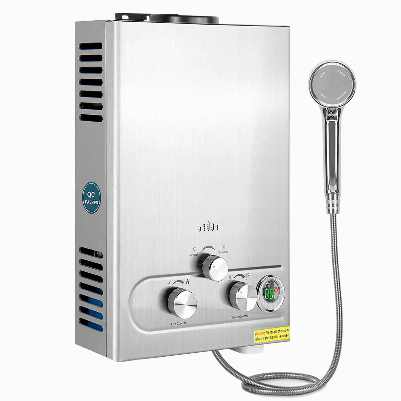 Scaldabagno istantaneo a propano senza serbatoio, 1,6 GPM, 7L, portatile, per uso esterno in camper, roulotte, cabine, fienili, punto d'uso, argento
